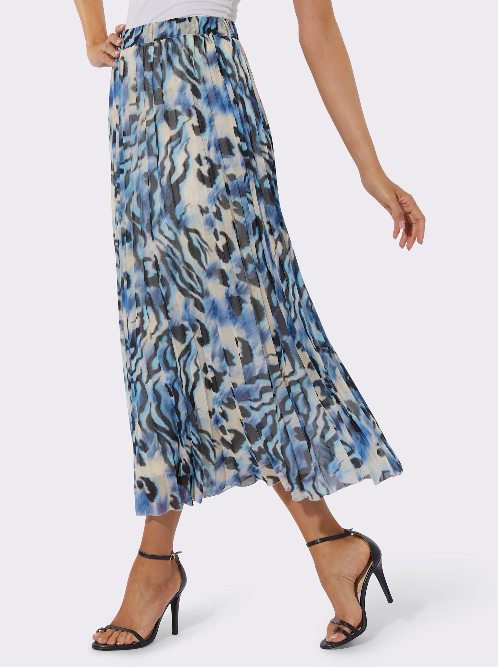 Plissérok met comfortband rondom - Champagne-koningsblauw-bedrukt