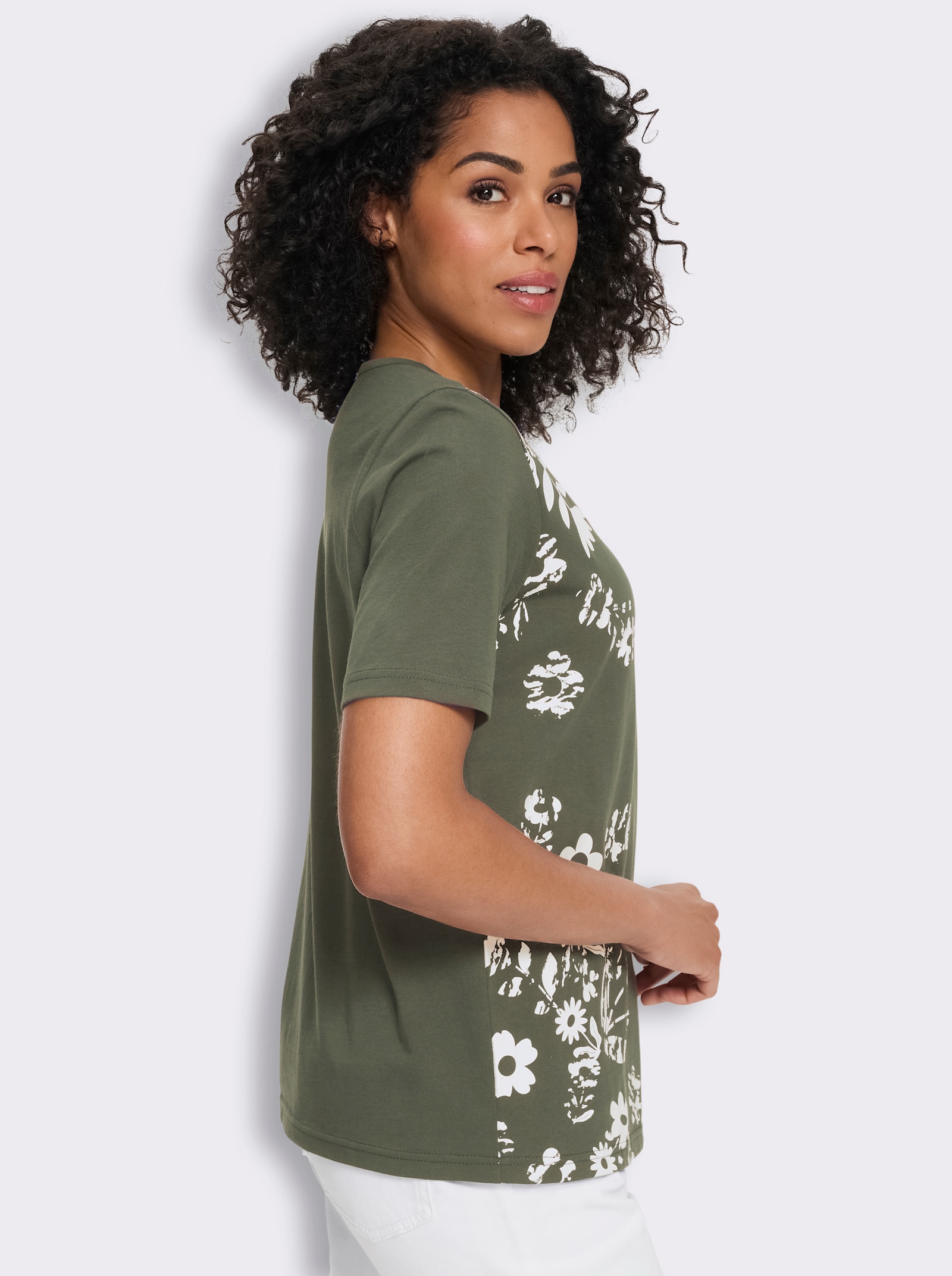 Kurzarmshirt mit Blüten-Druck - khaki-weiß