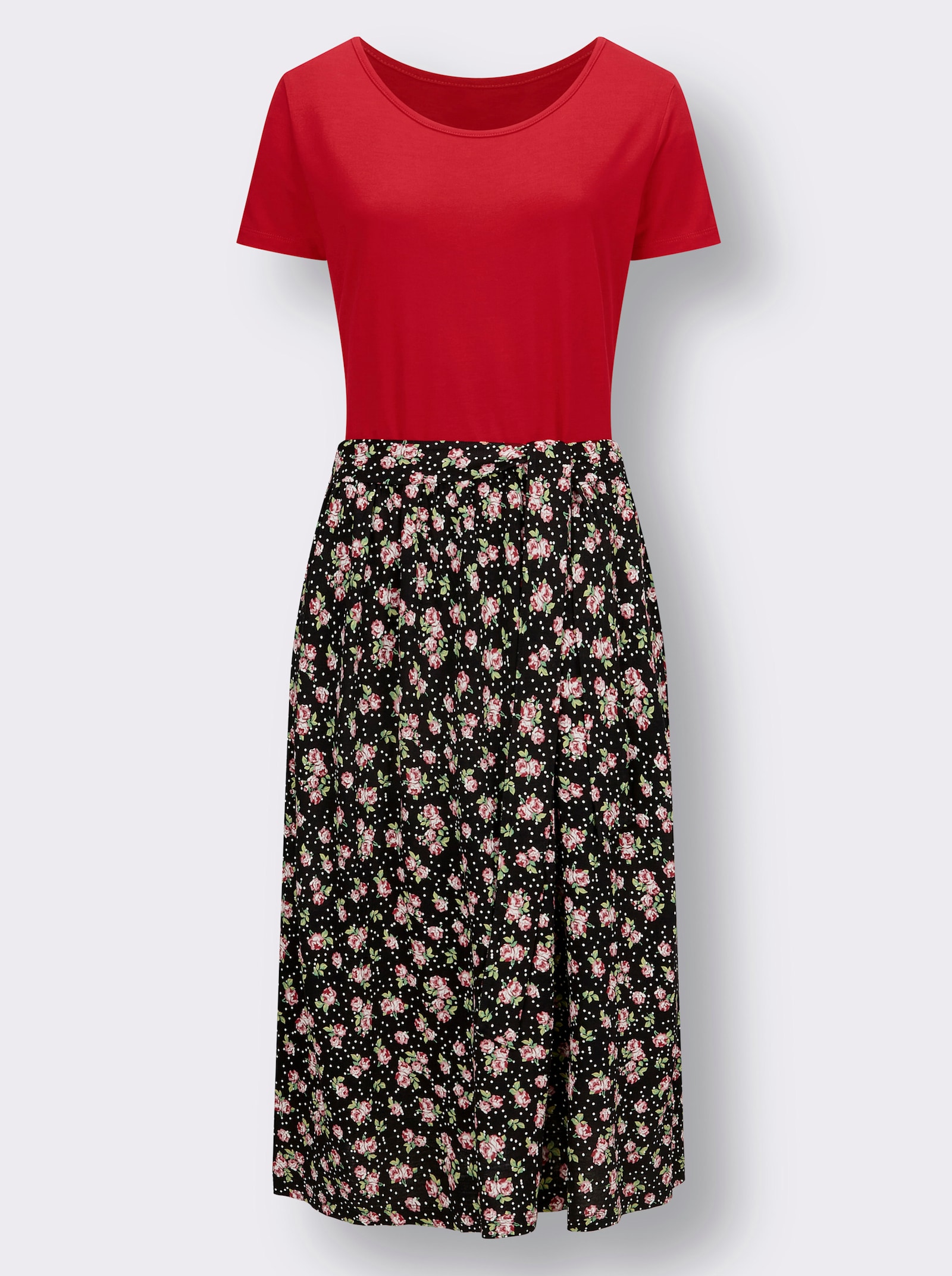 Jerseykleid mit passendem Bindegürtel - rot-bedruckt