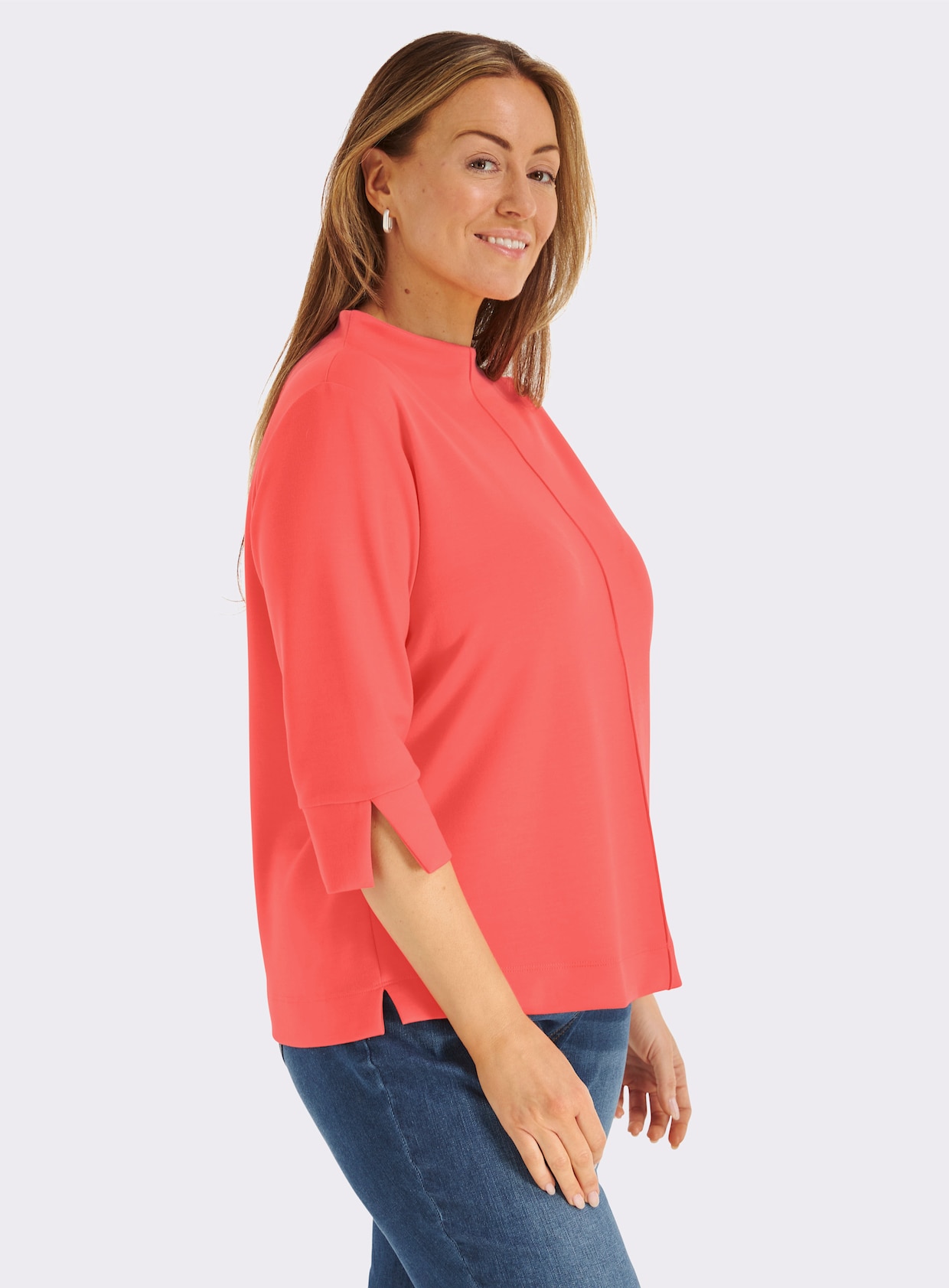 Stehkragenshirt mit 3/4-Ärmeln - koralle