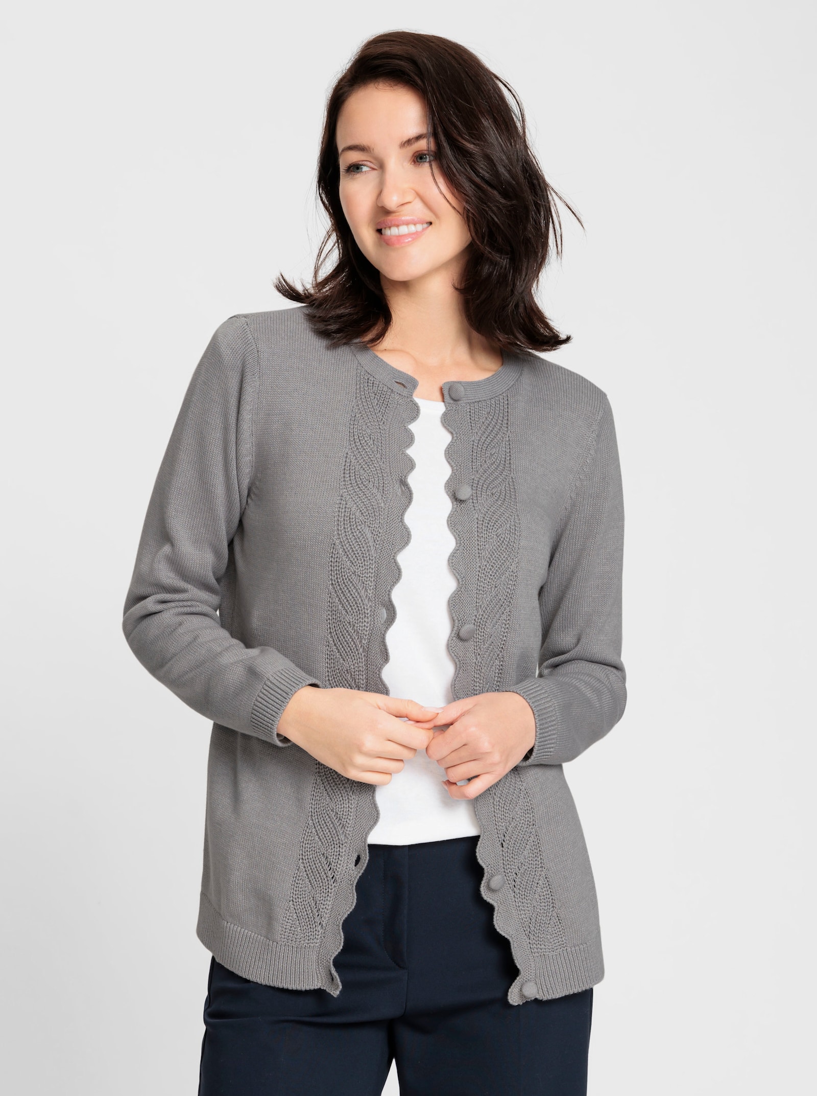 Strickjacke mit gebogter Knopfleiste - steingrau-meliert