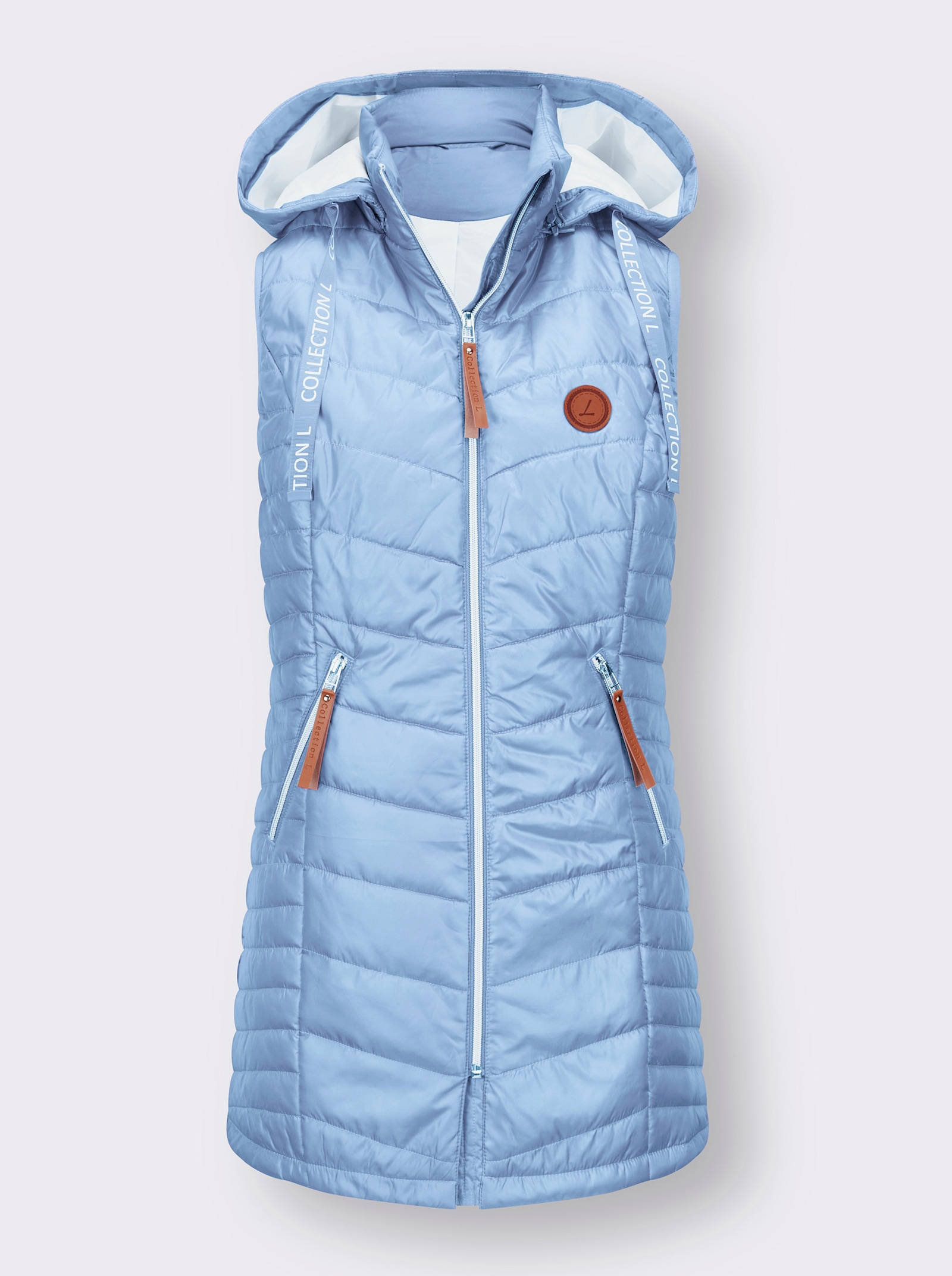 Lange bodywarmer met details van imitatieleer - ijsblauw