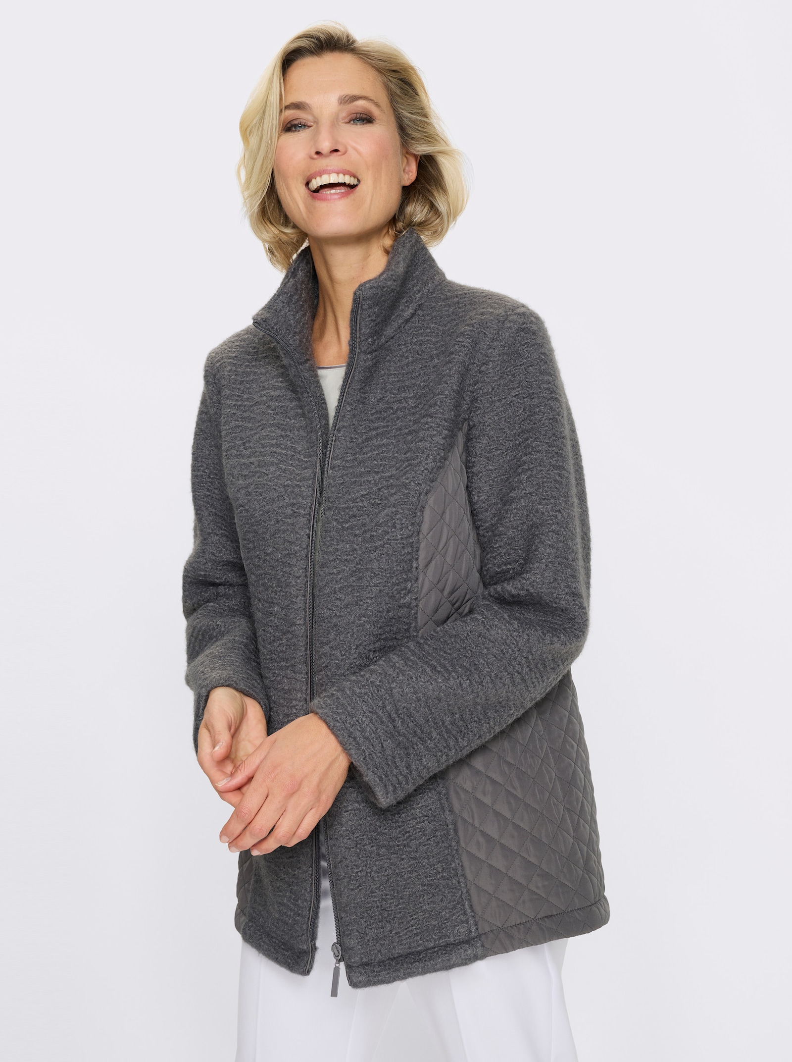 Boucléjacke mit gesteppten Einsätzen - anthrazit