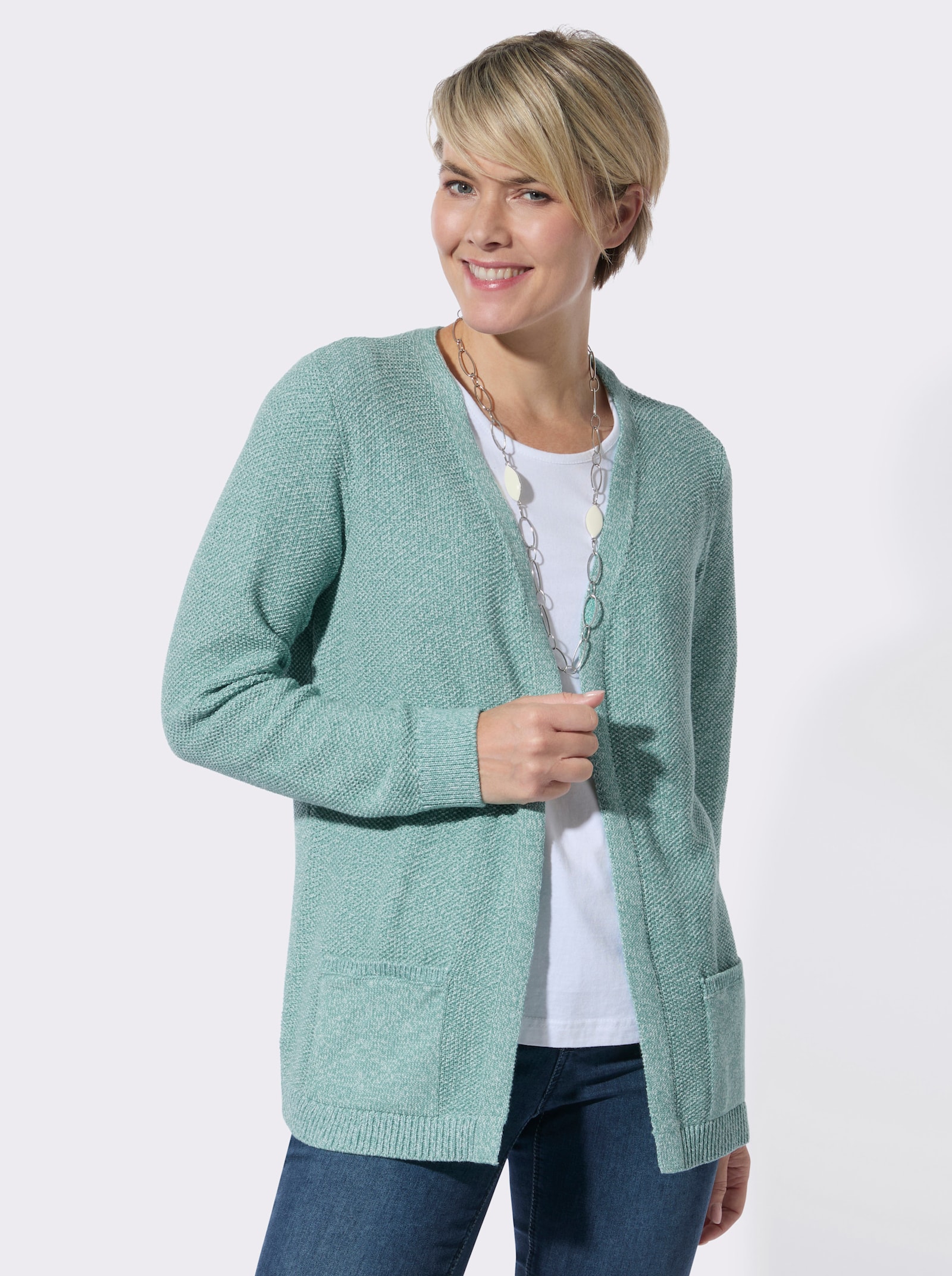 Strickjacke in verschlussloser Form - salbei-ecru-meliert