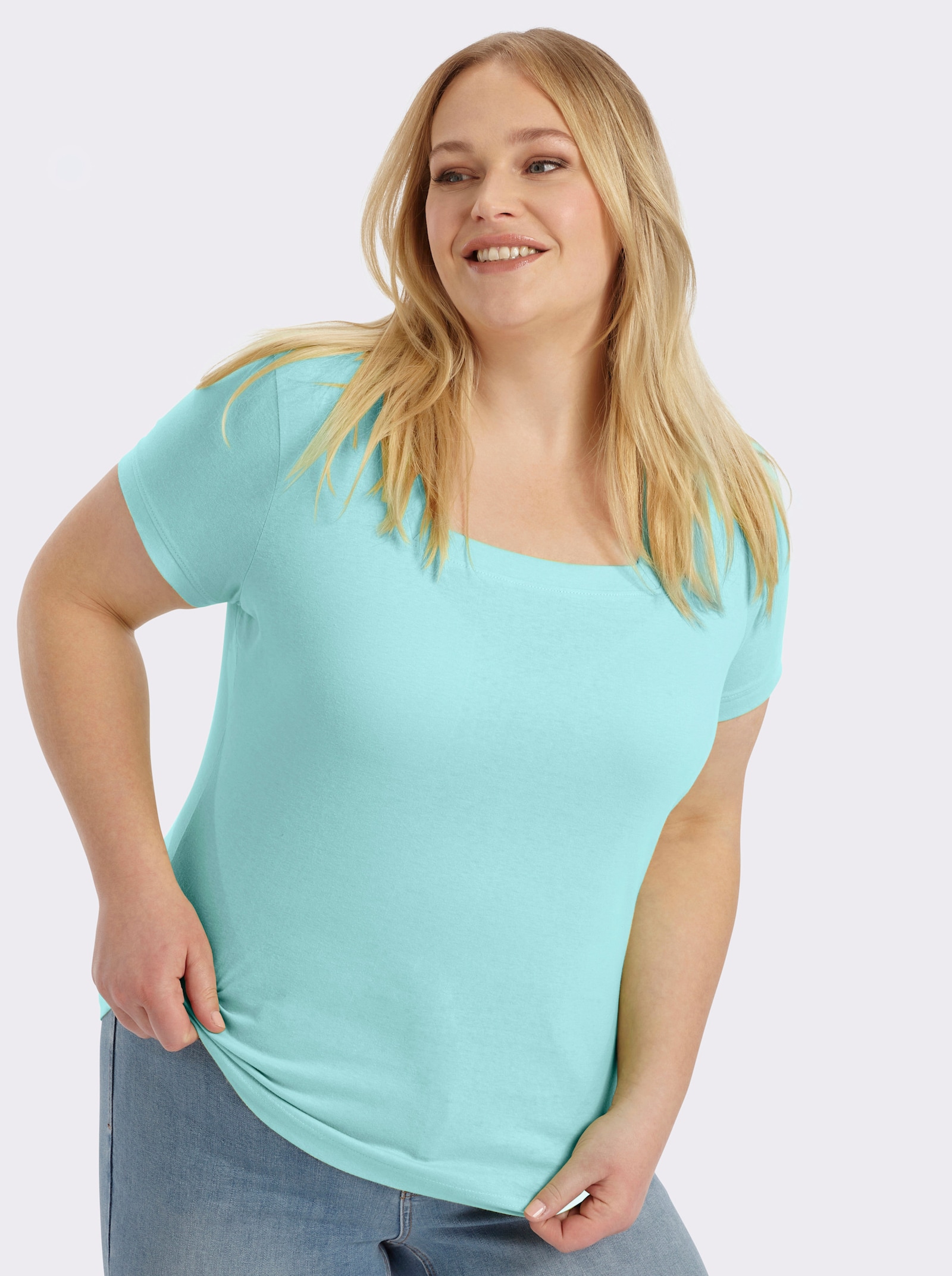 Kurzarmshirt mit Karree-Ausschnitt - türkis