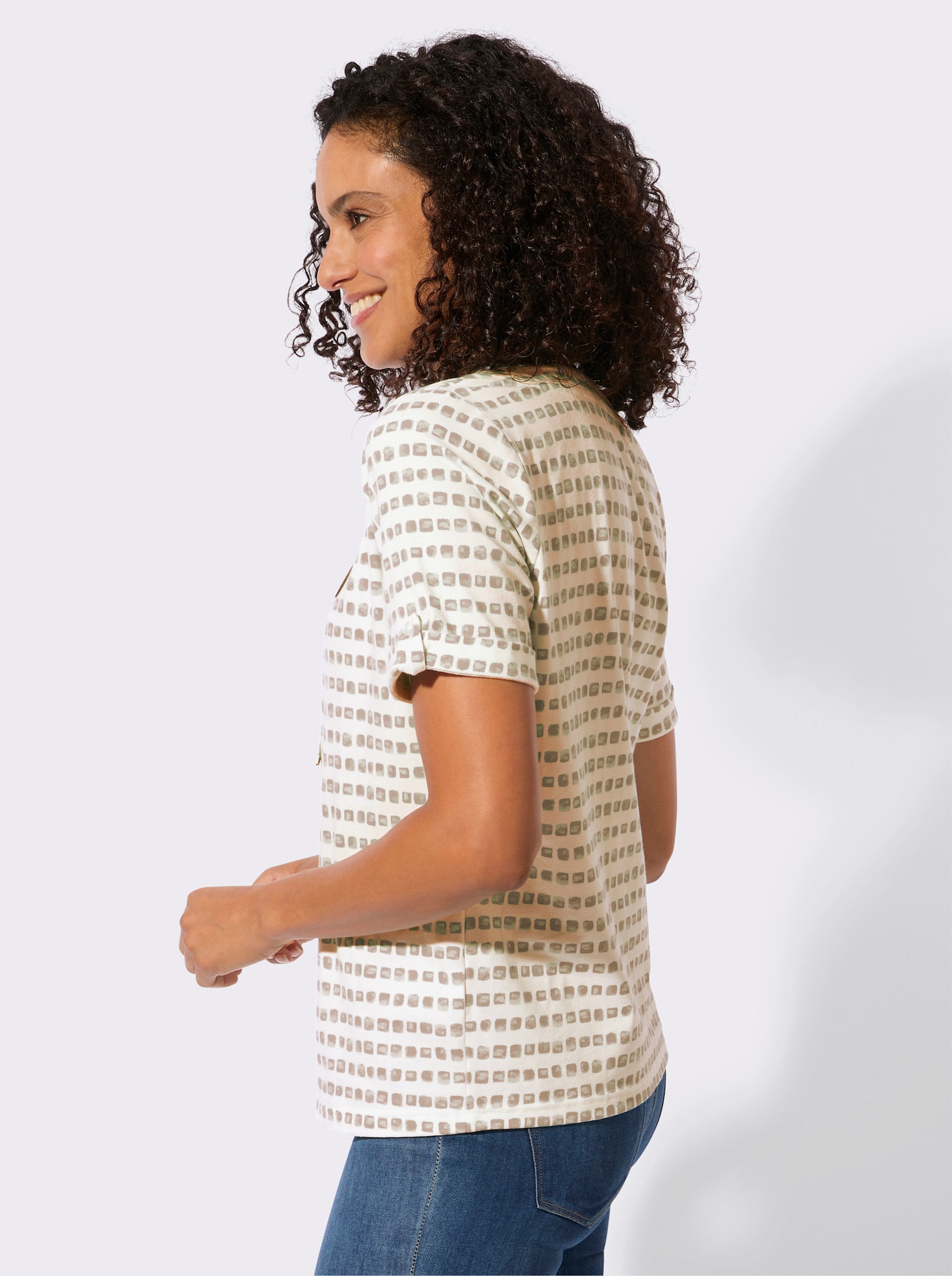 Print-Shirt mit Bindebändern am Ausschnitt - beige-ecru-bedruckt