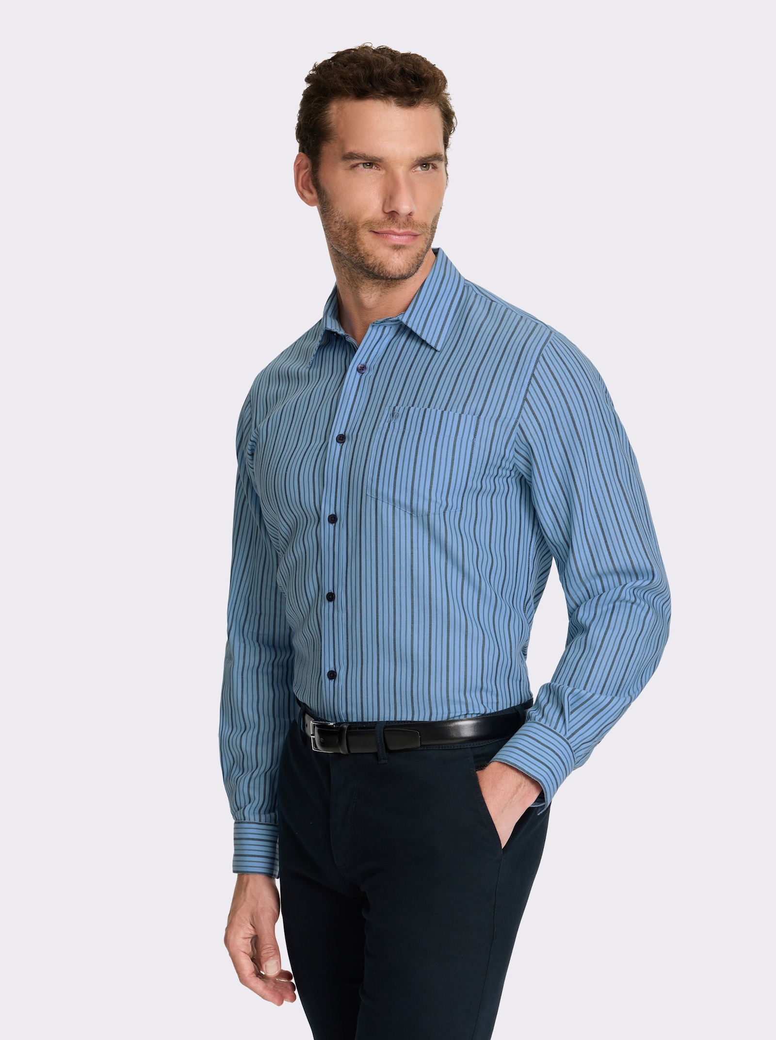 Marco Donati Langarmhemd in bügelfreier Popeline-Qualität - himmelblau-gestreift