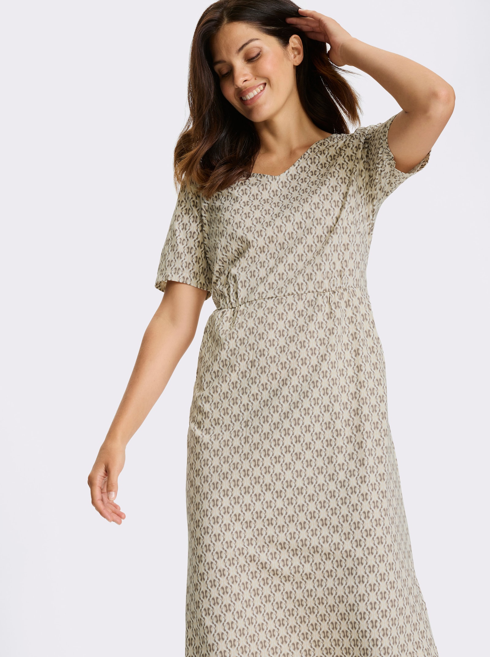 Jerseyjurk met zakken - zand/donkertaupe bedrukt