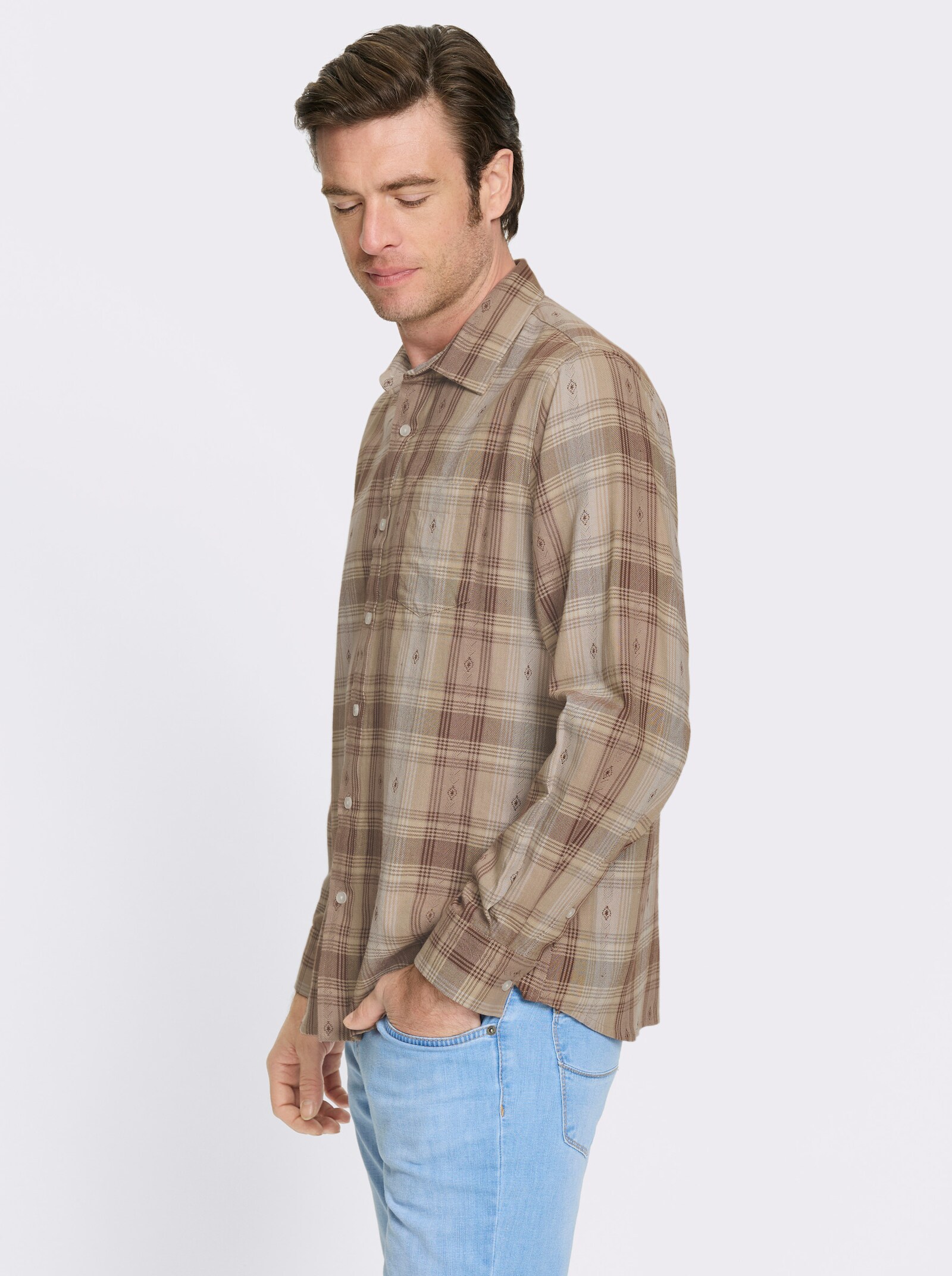 Catamaran Langarmhemd mit Tracht-Elementen - beige-kariert