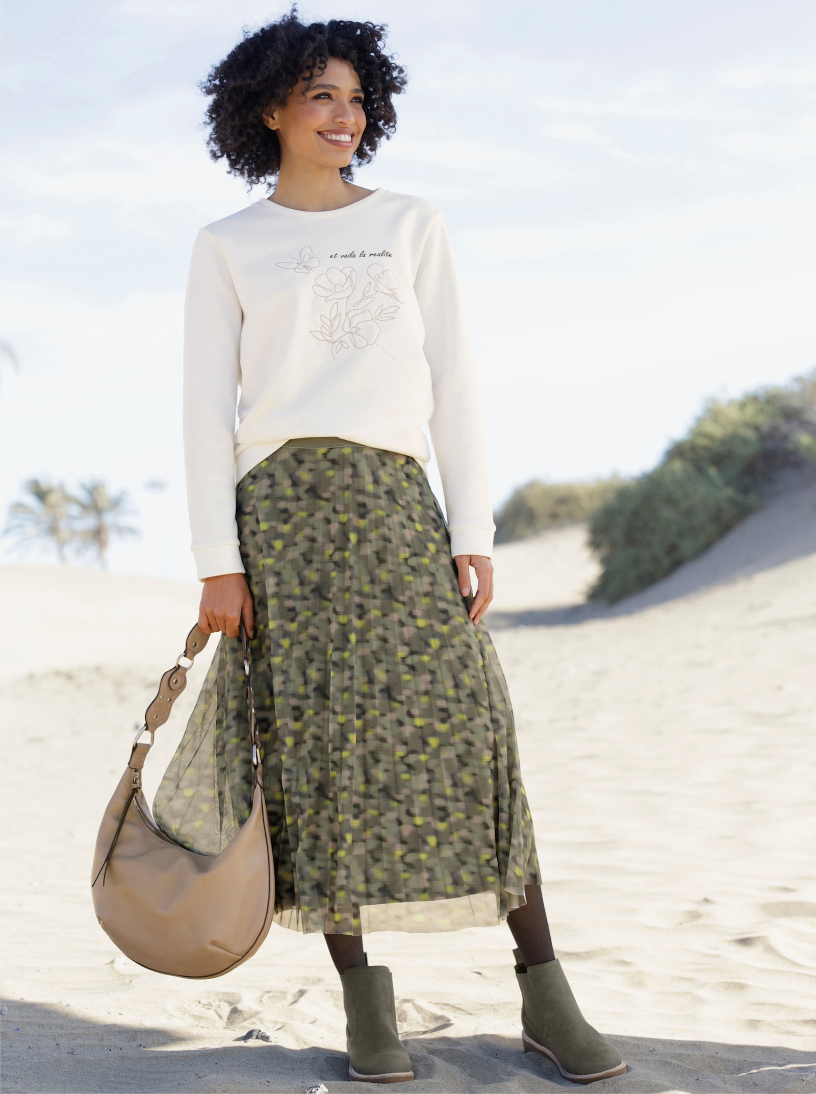 heine Plisseerock aus Meshware - khaki-beige-bedruckt