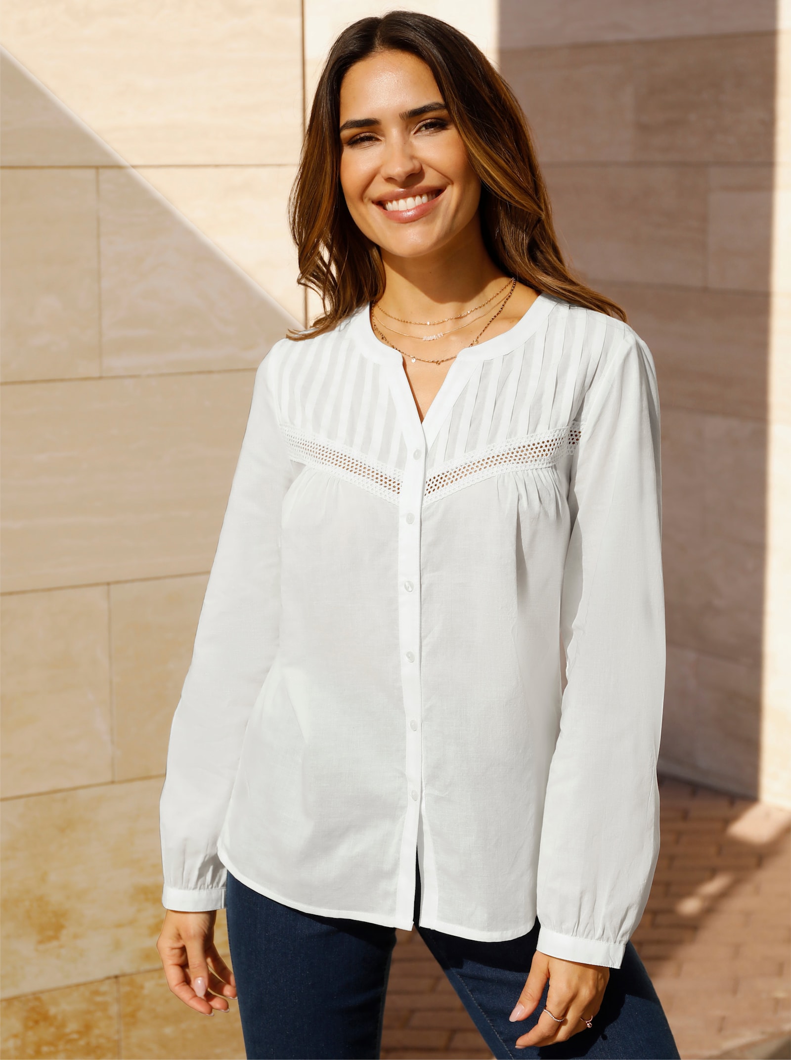 Langarmbluse mit Spitzendetails - ecru