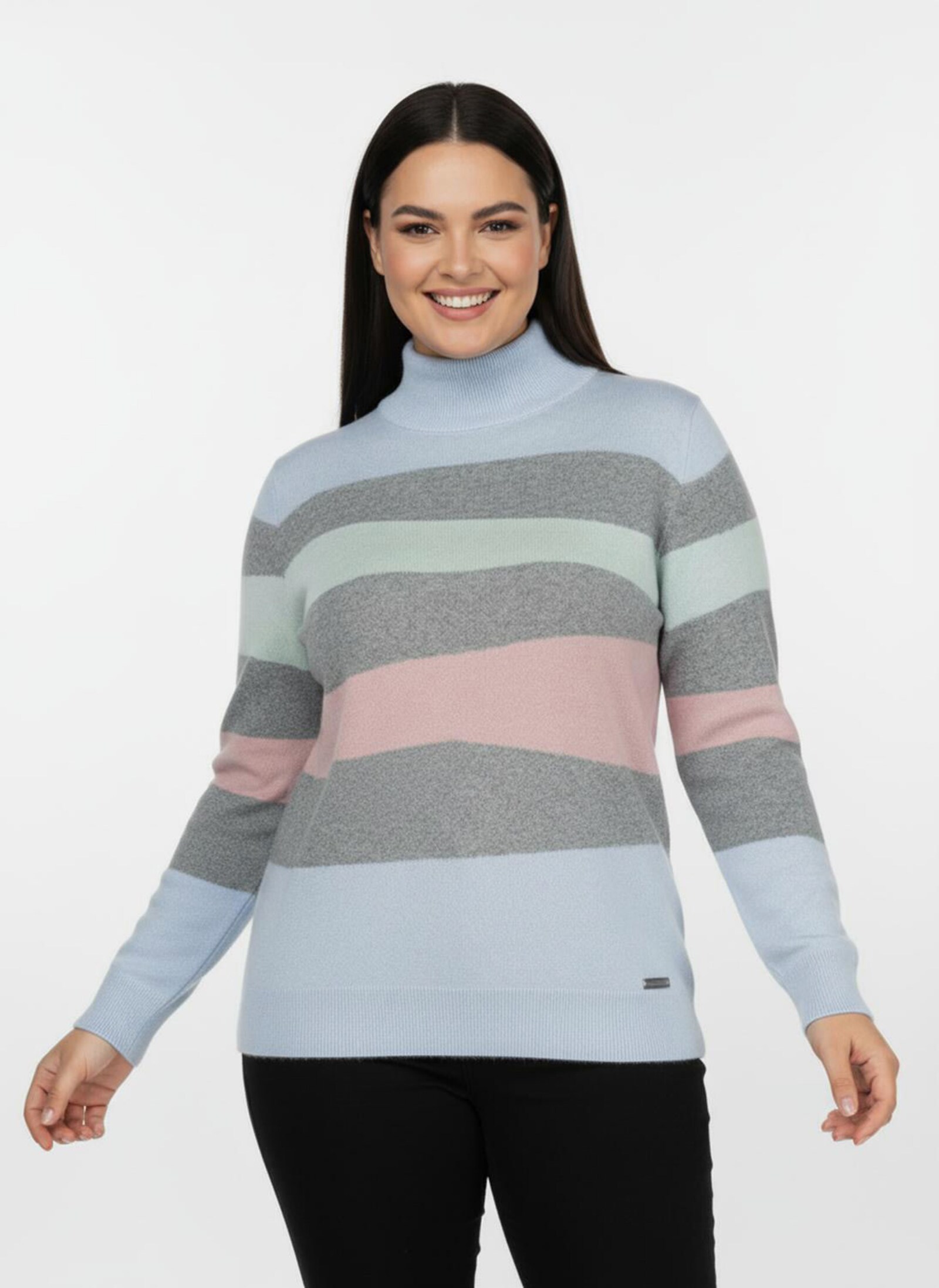 Langarm-Pullover mit Ripp-Abschlüssen, kuschelig - grau-bleu-gemustert