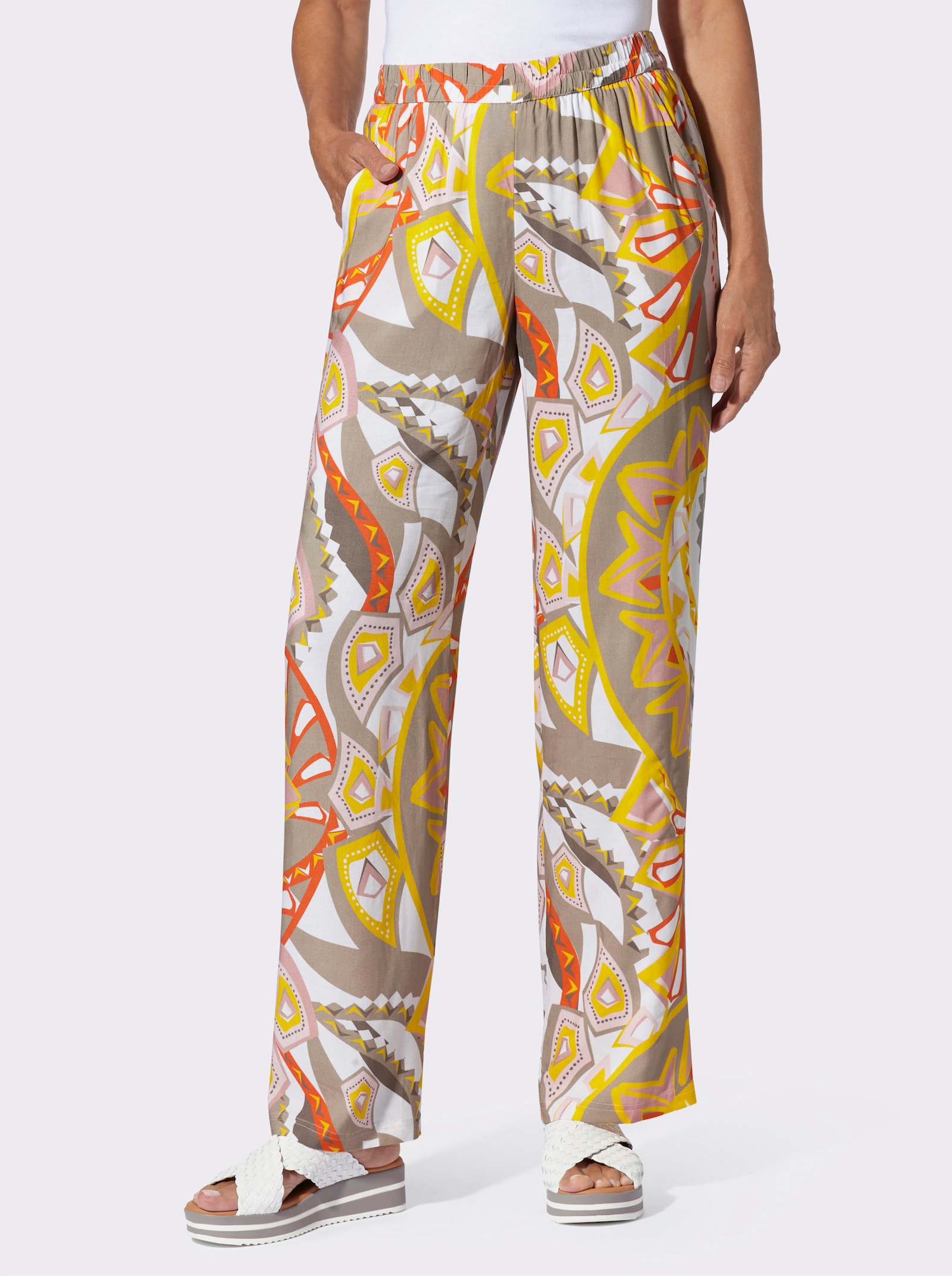 Schlupfhose in weiter Form - sonnengelb-ecru-bedruckt