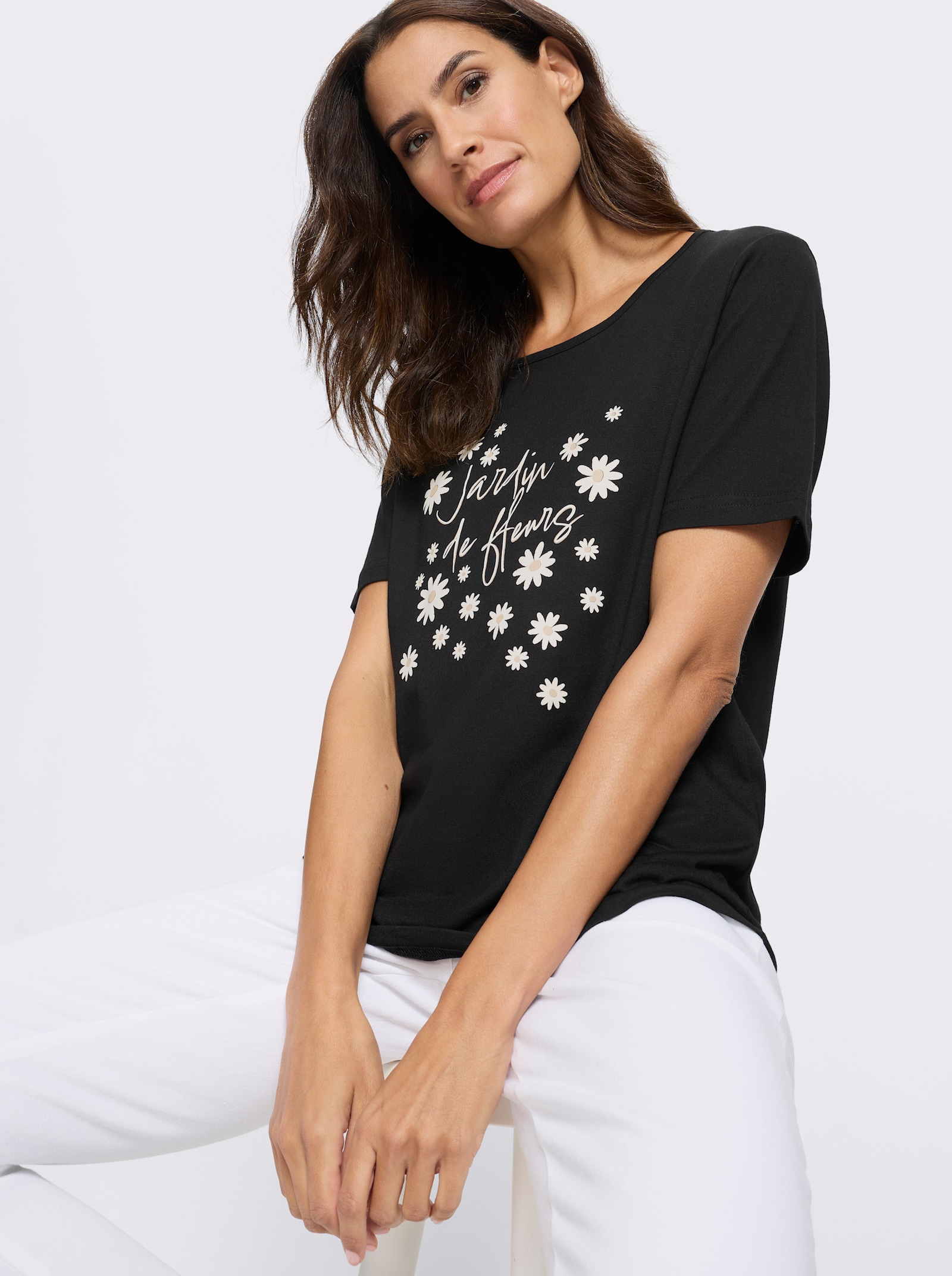 Kurzarmshirt mit Blüten und Schriftzug - schwarz-ecru