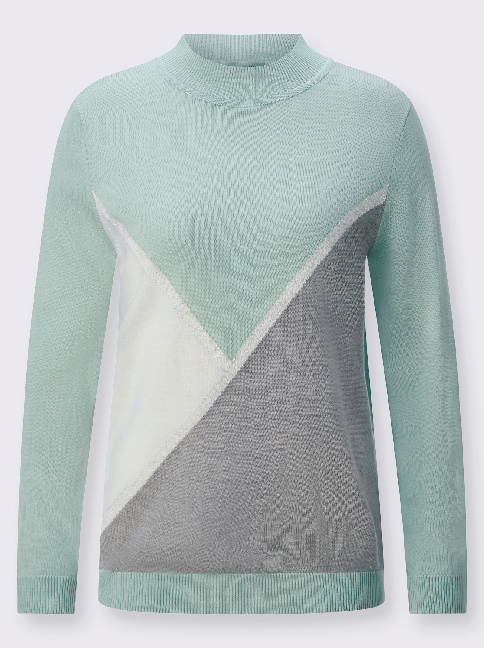Stehkragenpullover im Intarsienmuster - kalkmint-steingrau-gemustert