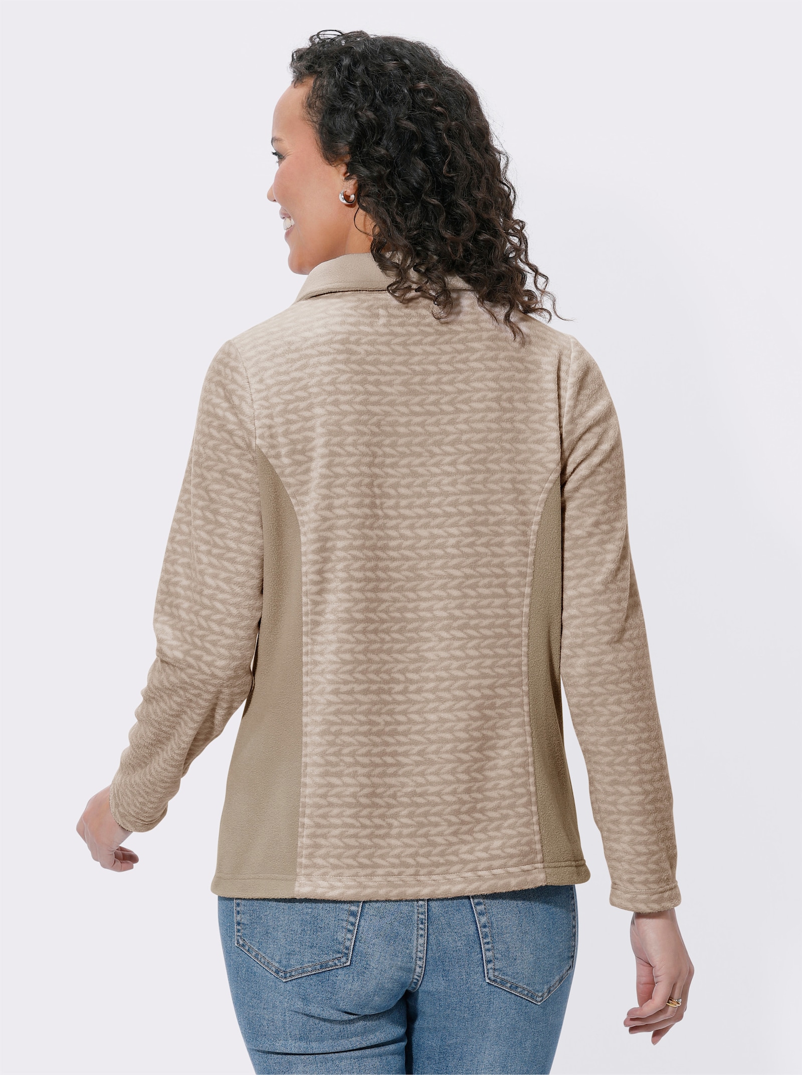 Fleeceshirt mit innen einfarbigem Troyerkragen - elfenbein-beige