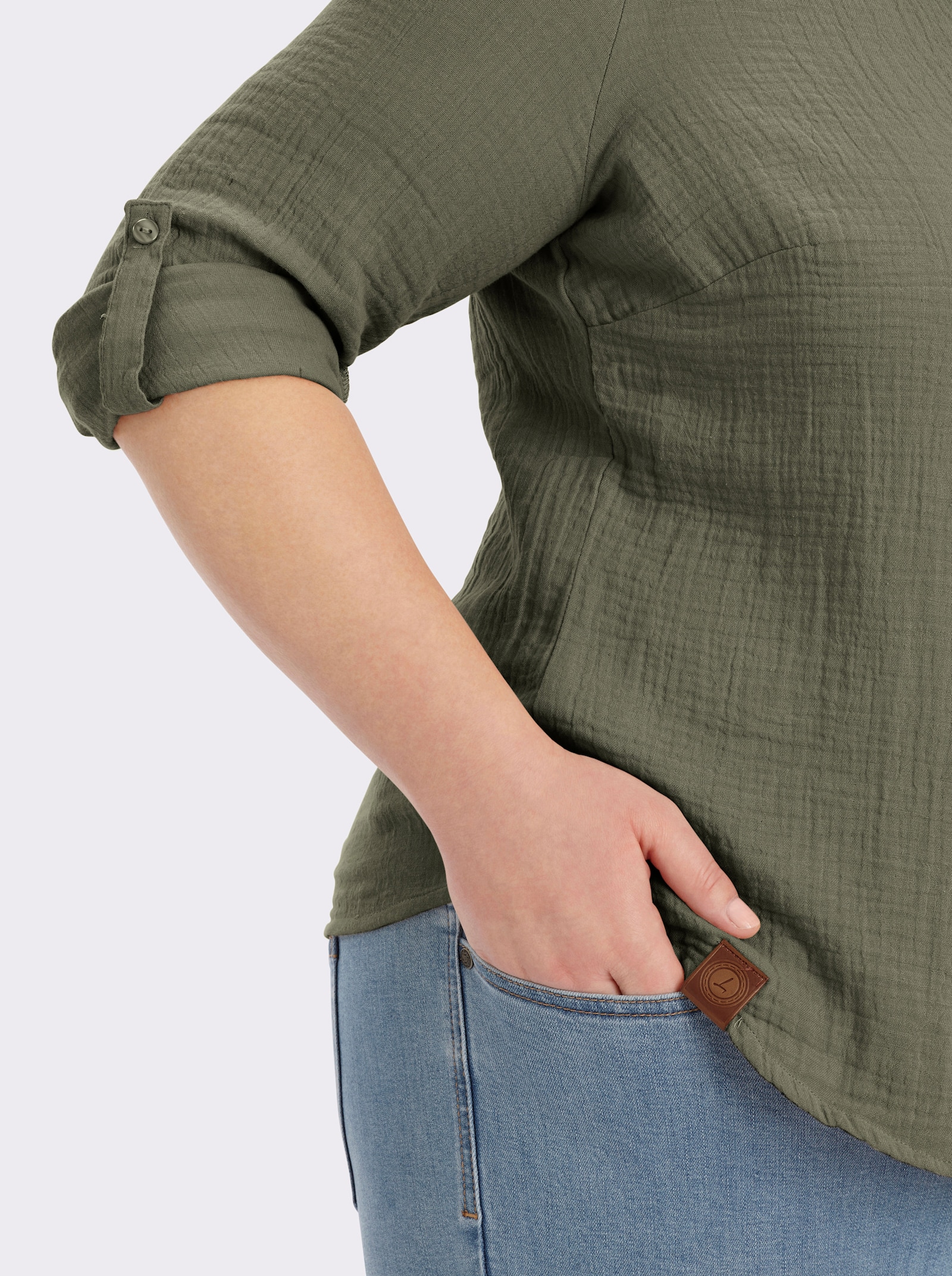 Baumwollbluse mit krempelbaren Ärmeln - khaki