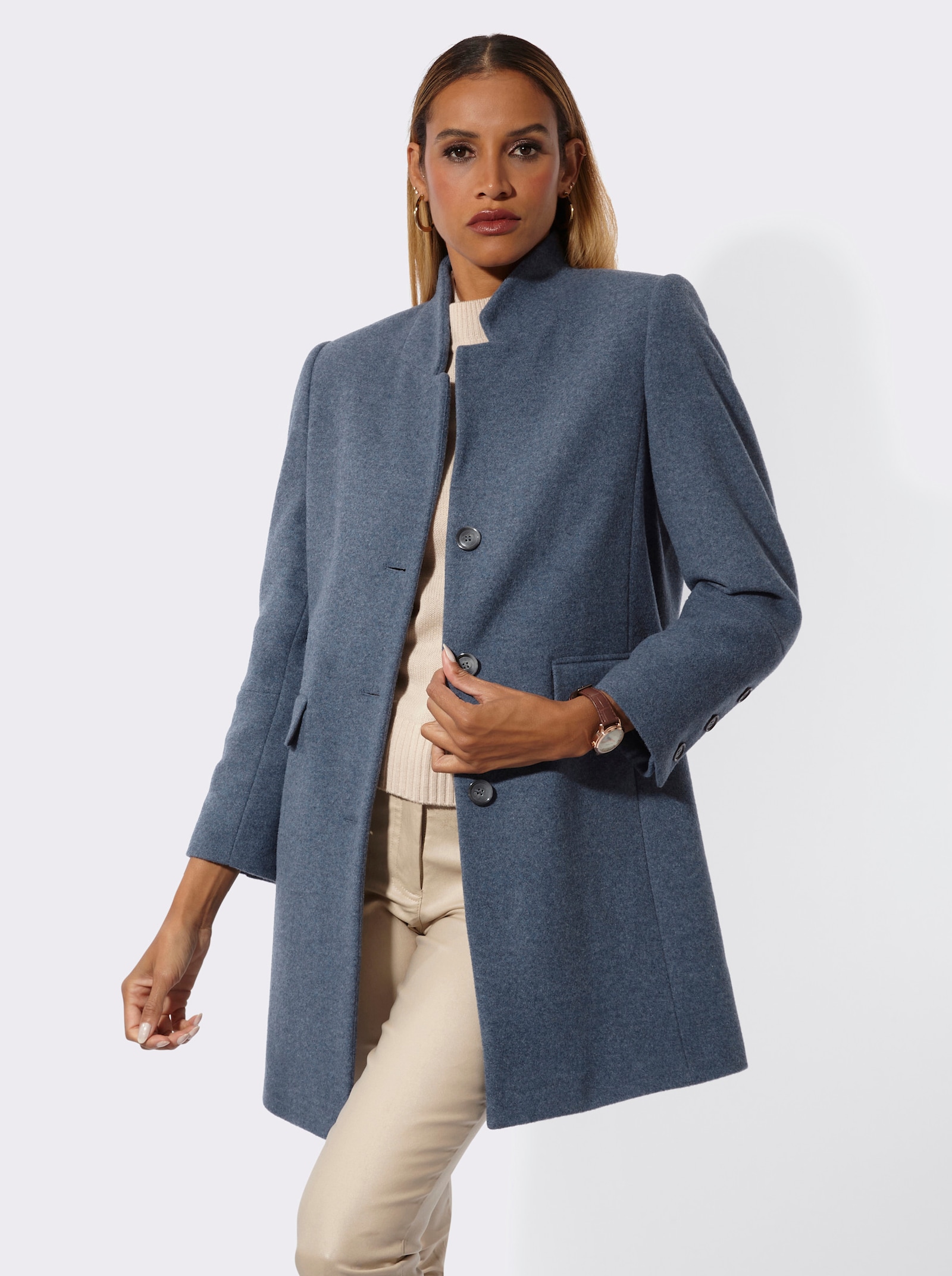 Wollmantel mit extravagantem Kragen - rauchblau-meliert