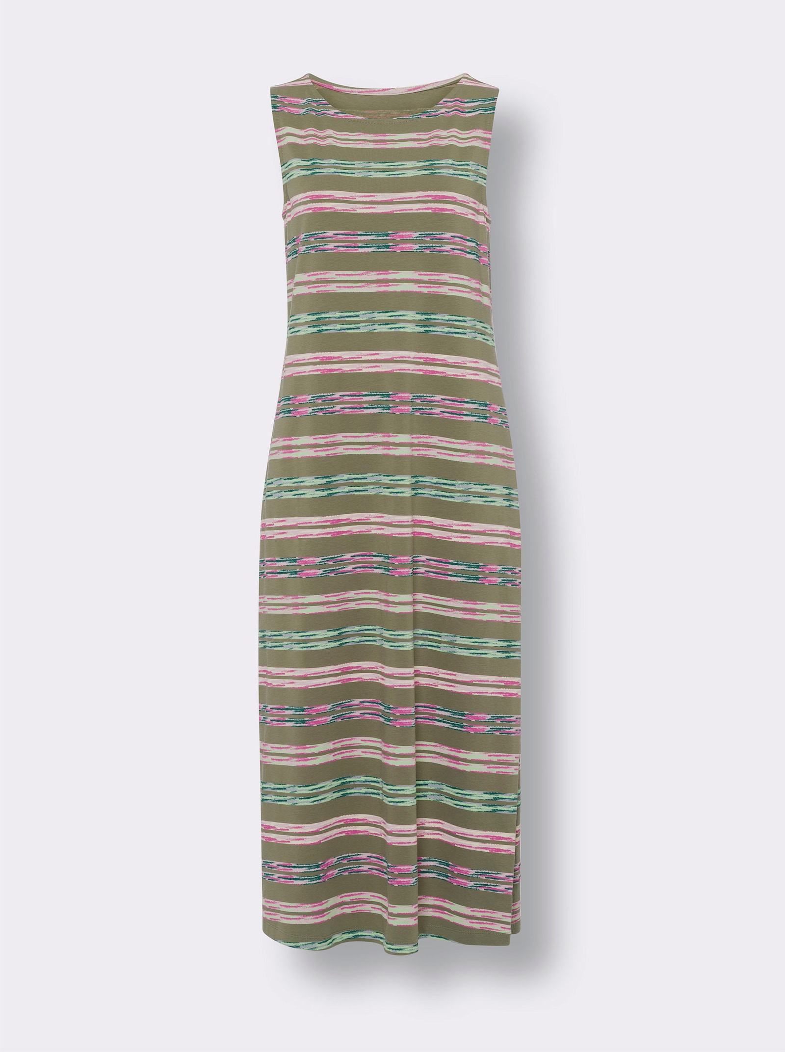 Jerseykleid in ärmelloser Schlupfform - khaki-fuchsia-bedruckt