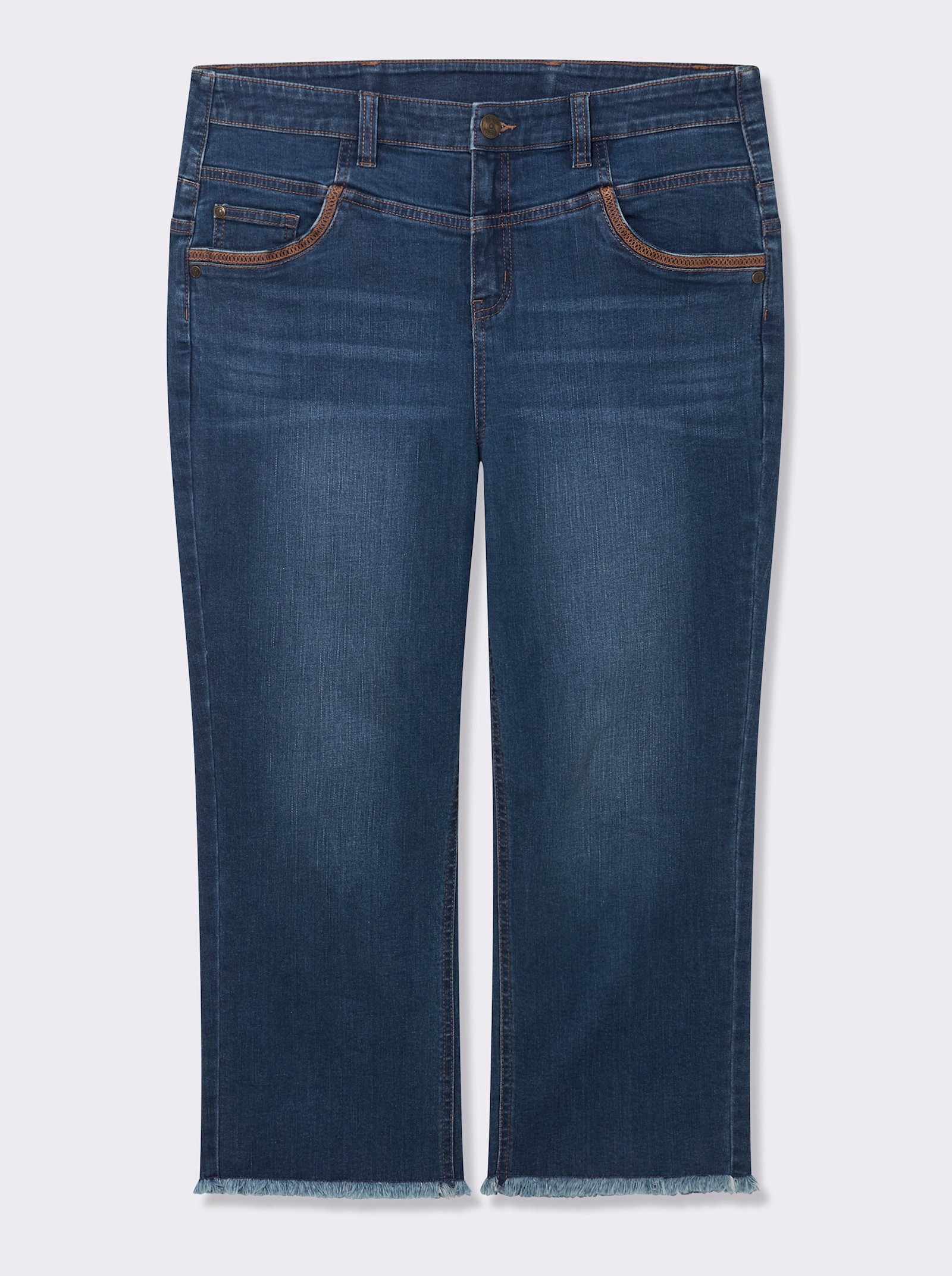 sheego 7/8-Jeans mit High-Waist-Bund und Fransensaum - blue-stone-washed