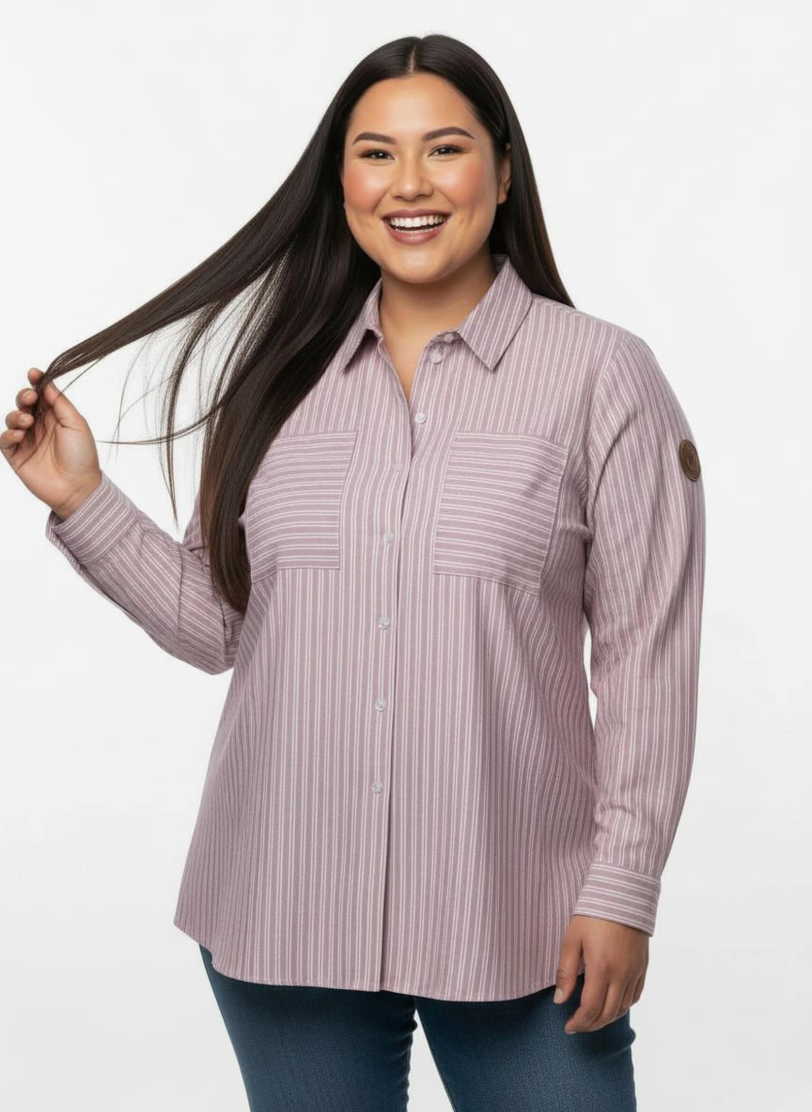 Gestreifte Bluse mit aufgesetzten Brusttaschen - mauve-weiß-gestreift