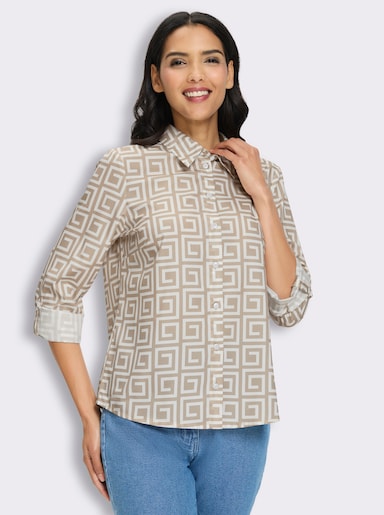 Langarmbluse mit Schulterpasse - ecru-beige-bedruckt