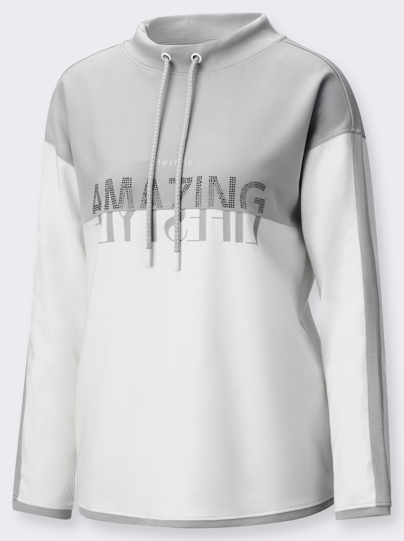 Sweatshirt mit Ziersteinchen - ecru-hellgrau