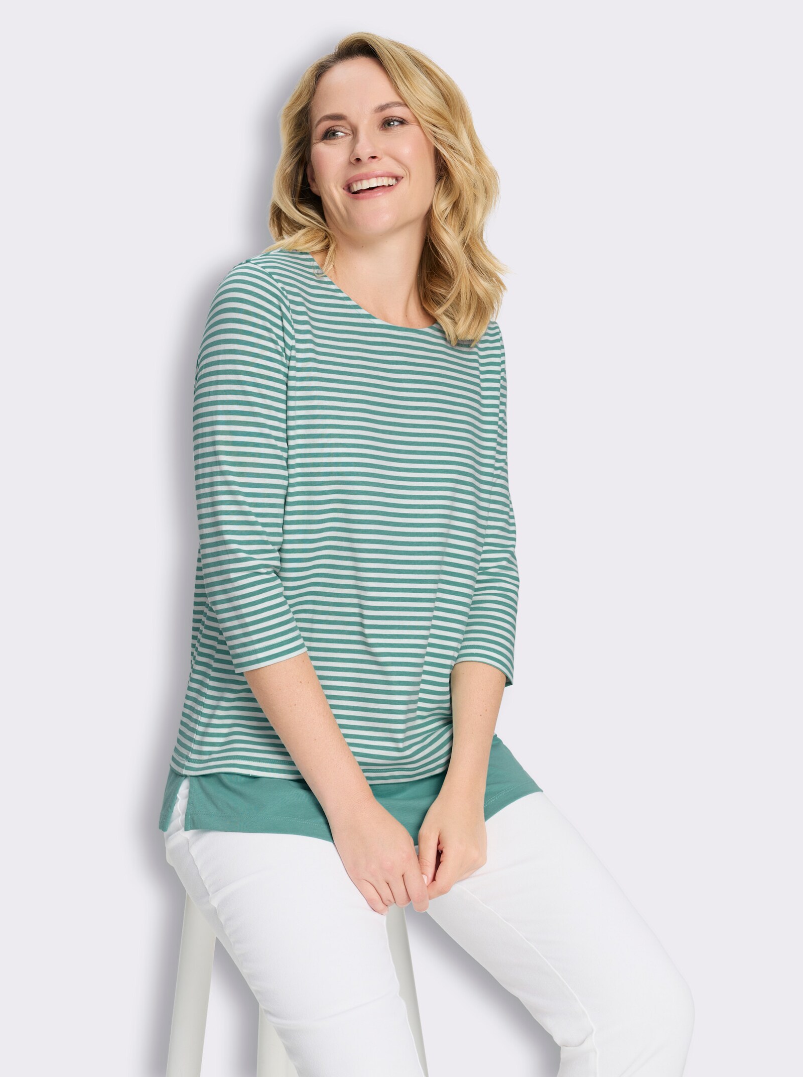 Longshirt im Streifen-Dessin - salbei-ecru-geringelt