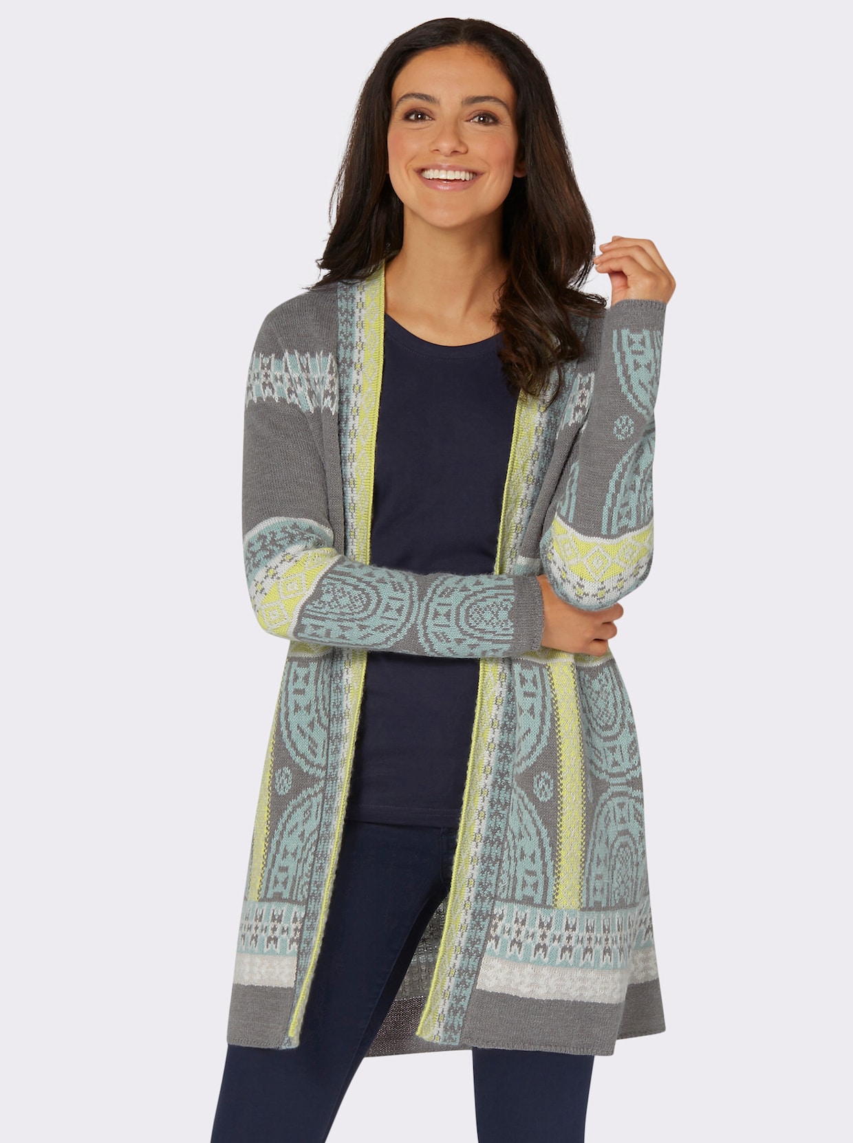 Long-Strickjacke - kalkmint-grau-gemustert