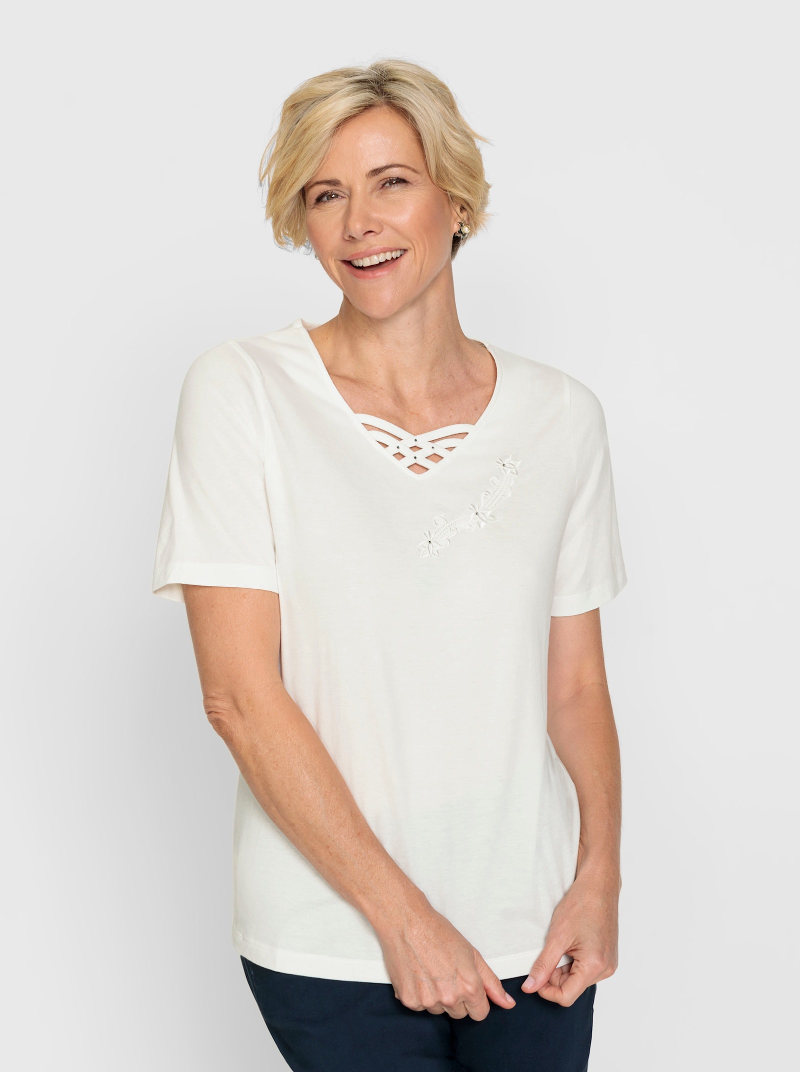 Shirt met korte mouwen en versiering bij de hals - ecru