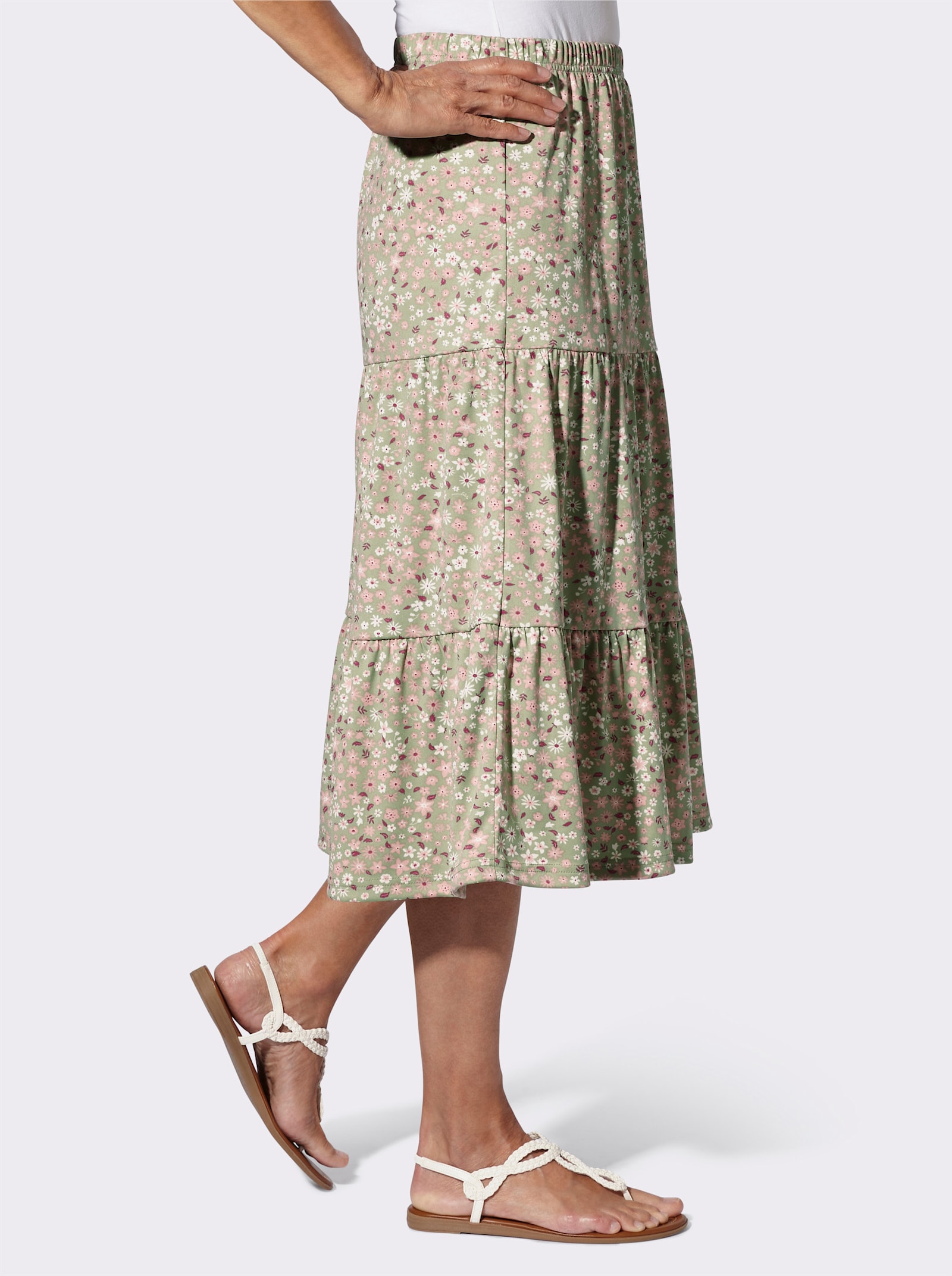 Trikåkjol med nivåskärning, blommig - eukalyptus-rosenkvarts-tryck