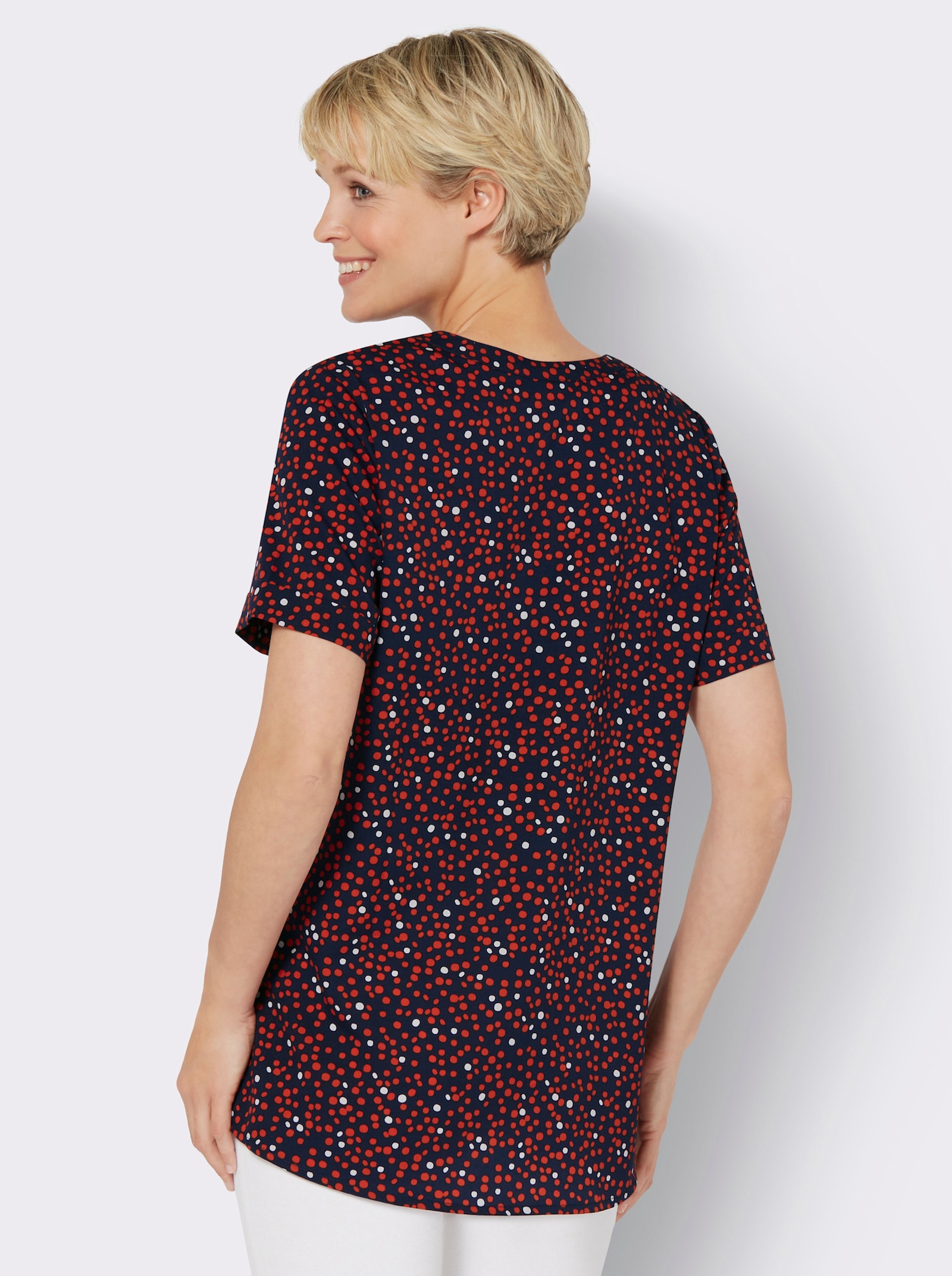 Lange blouse met vaste mouwomslag - marine/rood geprint