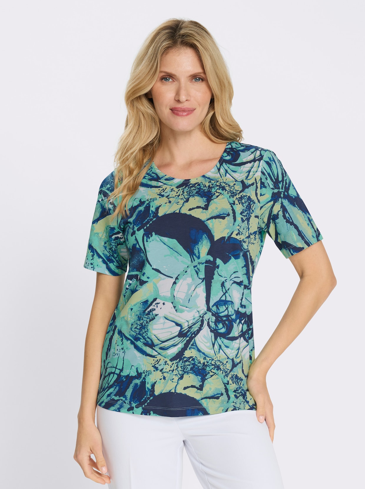 Kurzarmshirt aus reiner Baumwolle - ozean-marine-bedruckt