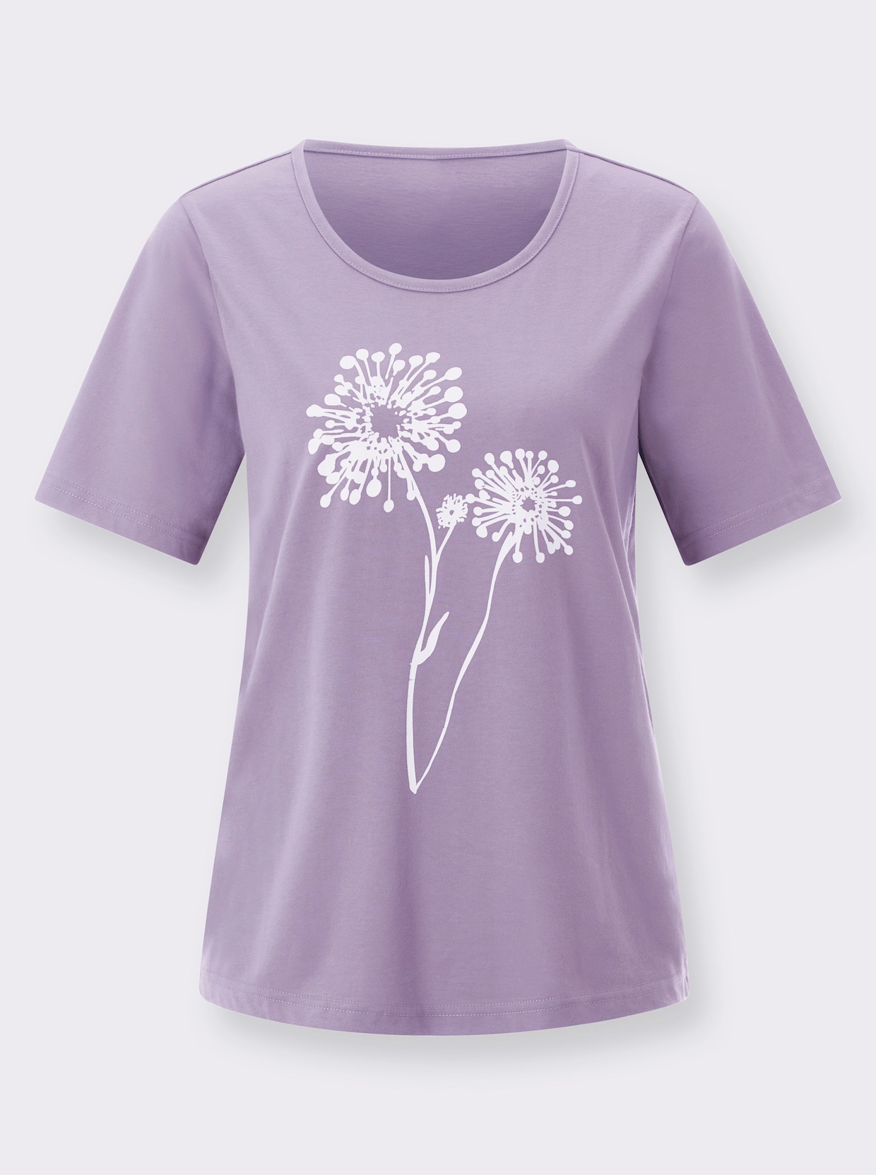 Tričko s okrúhlym výstrihom a kvetovanou potlačou - orgovánová-biela potlač