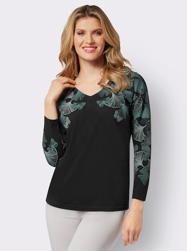 V-Shirt mit Druck-Einsatz - schwarz-petrol