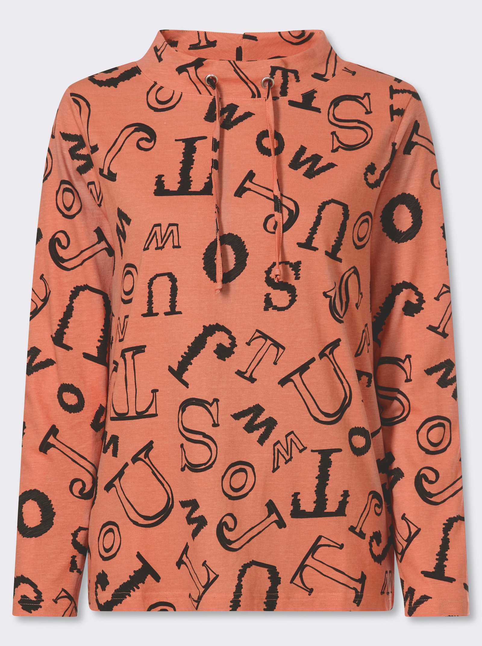 Stehkragenshirt mit Lettering-Print - papaya-schwarz-bedruckt