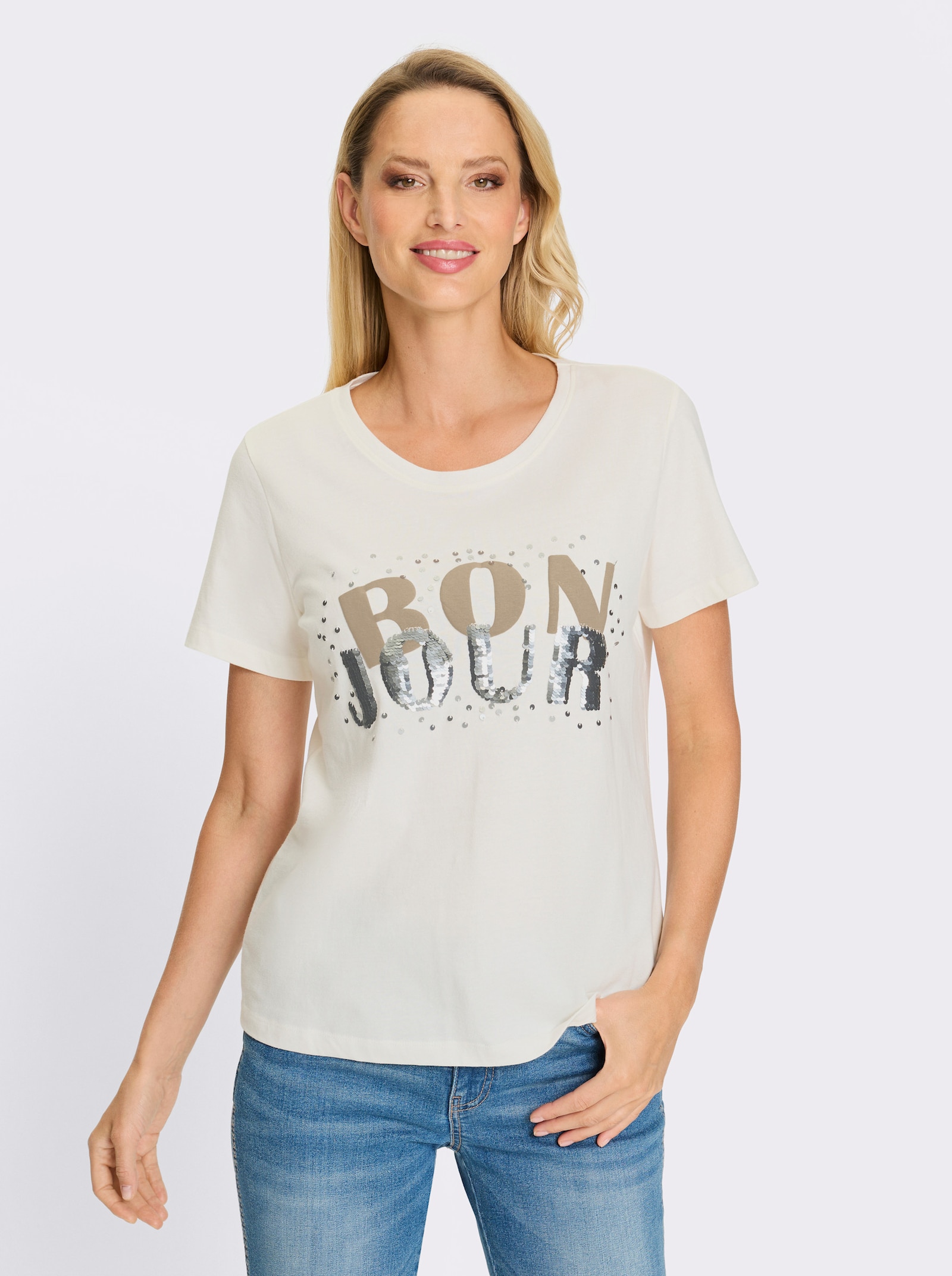 heine T-Shirt mit Pailletten - ecru