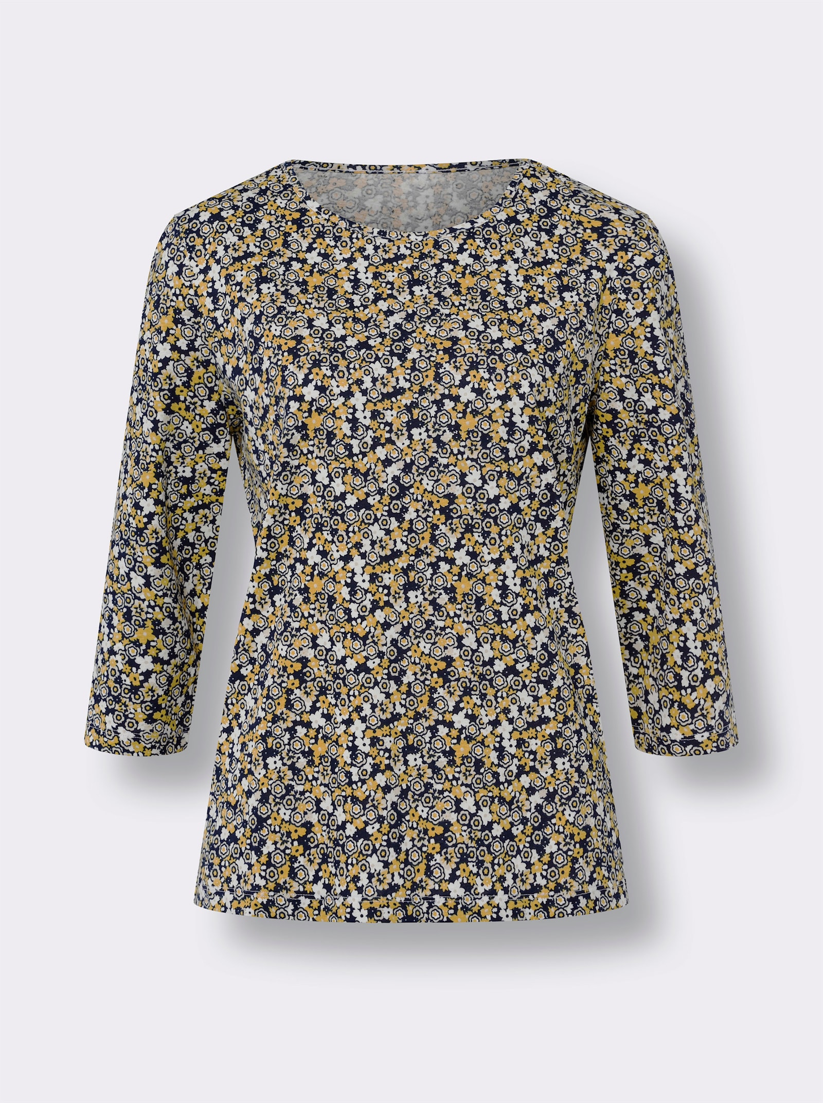 Tričko s 3/4 rukávem a květinovým vzorem - námořnická-okrová-potisk