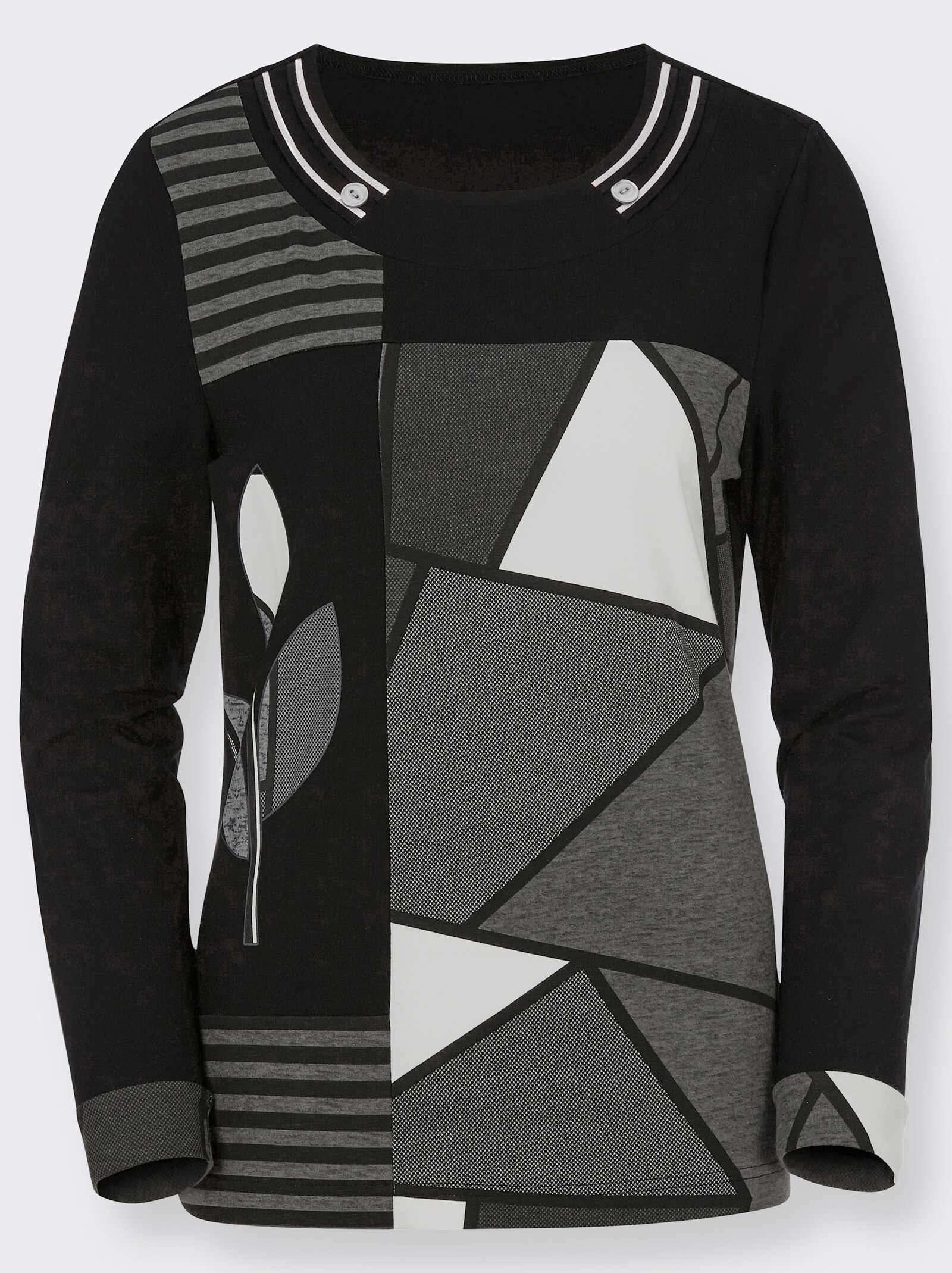 Rundhalsshirt im Patch-Dessin - schwarz-ecru-gemustert