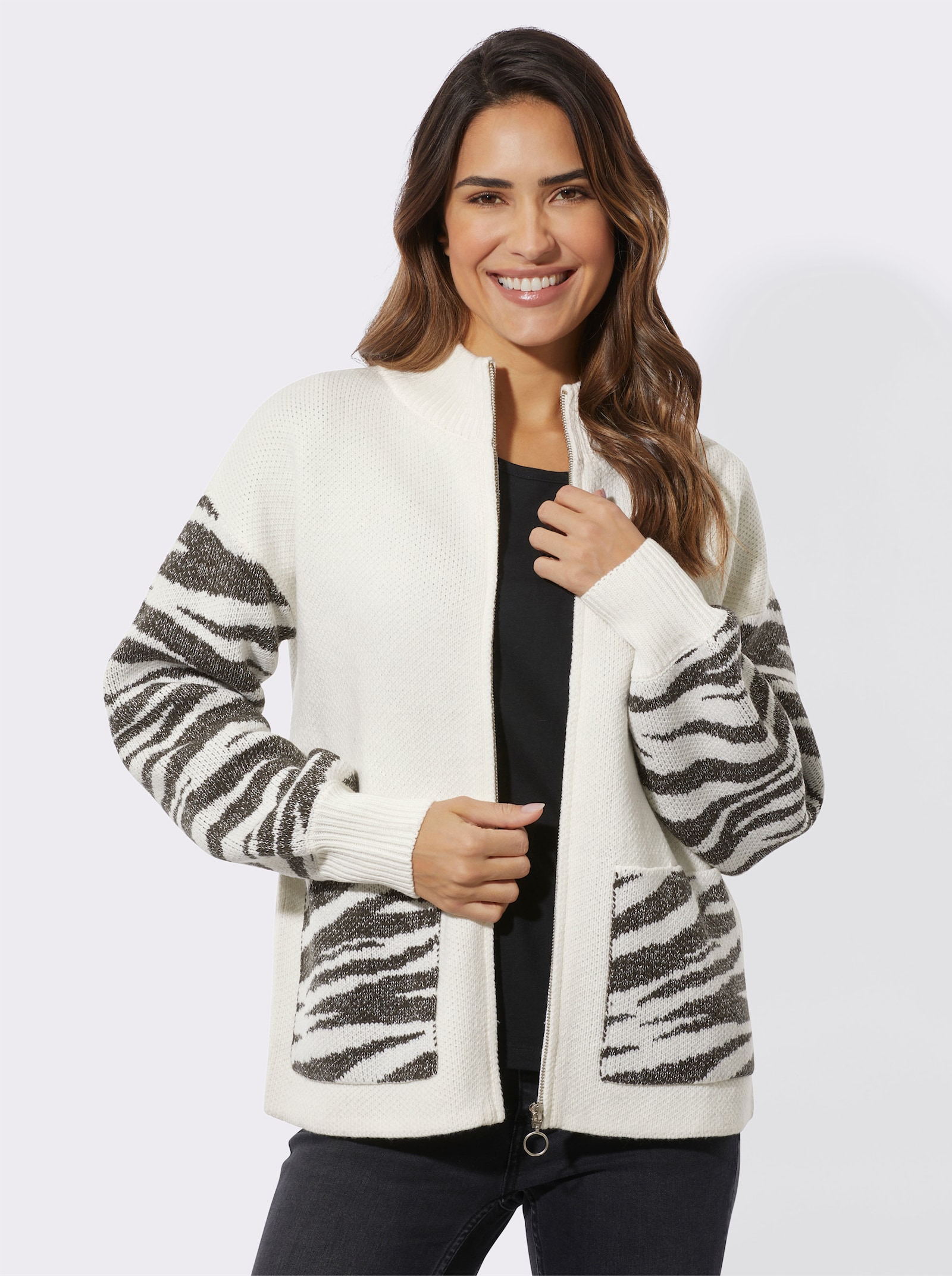 Jacquardstrickjacke mit Zebramuster - ecru-graphit-gemustert