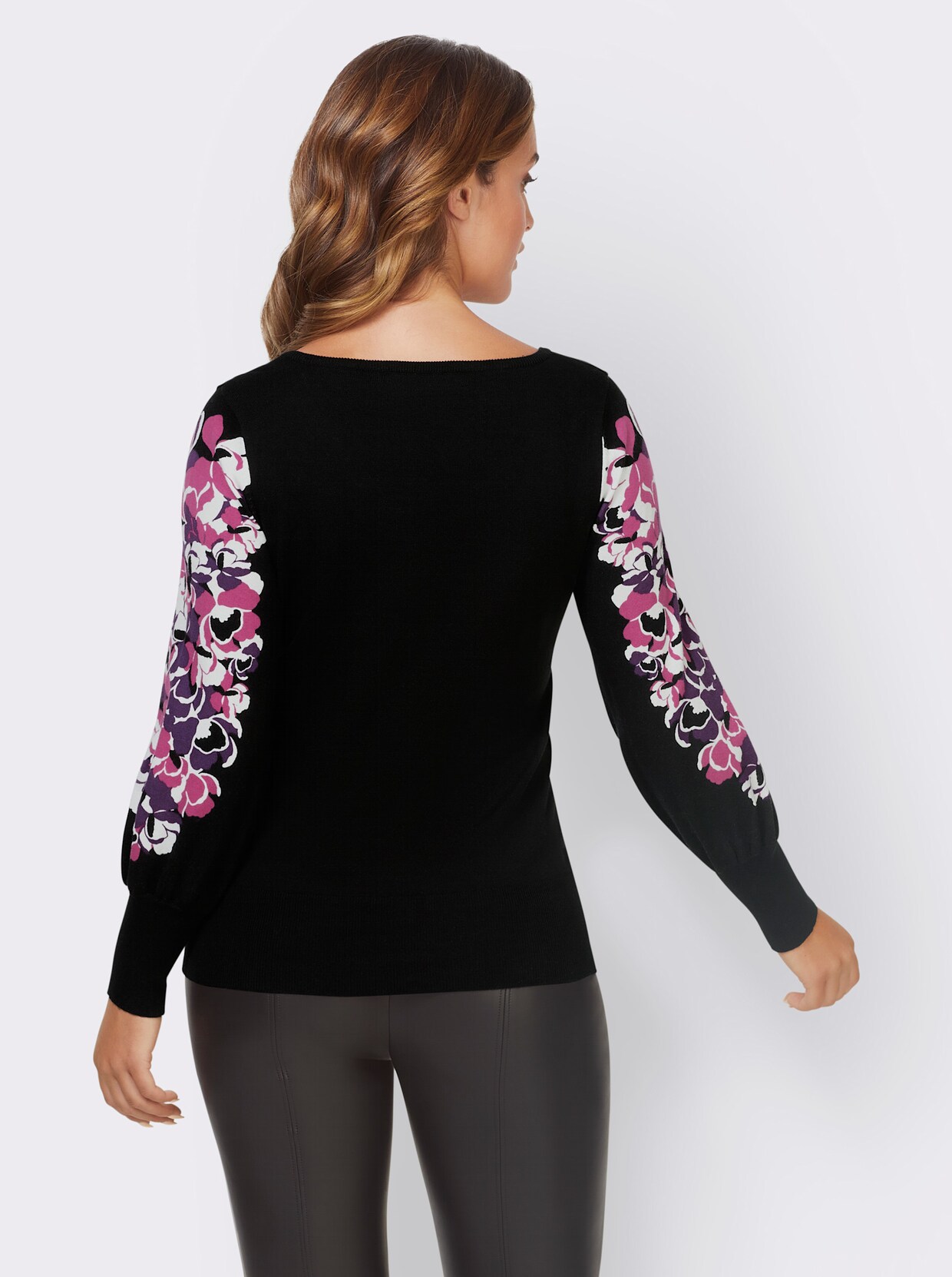 heine Druck-Pullover - schwarz-pflaume-bedruckt