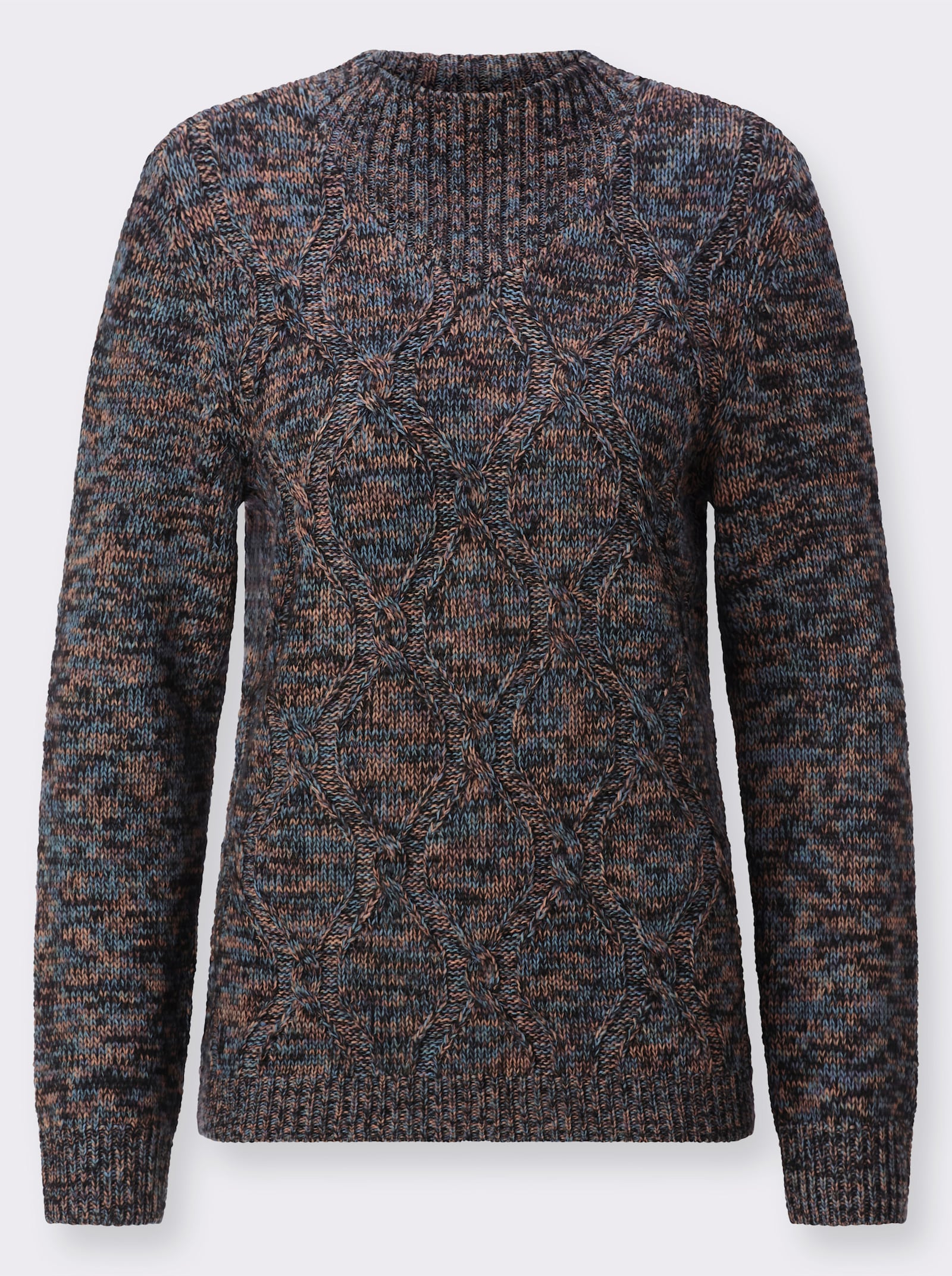 Stehkragenpullover mit Zopfmuster - schwarz-papaya-meliert