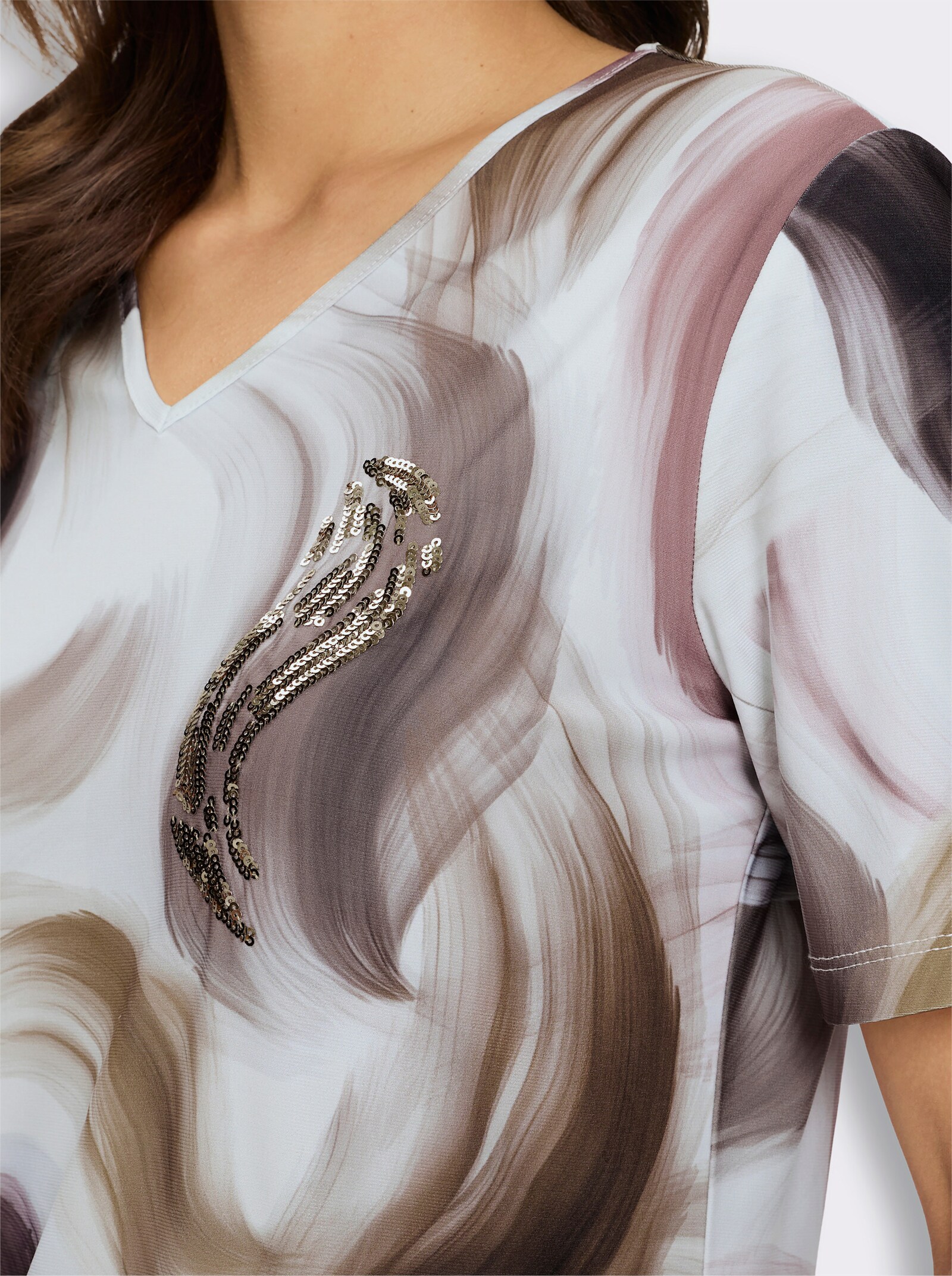 V-Shirt mit Pailletten - ecru-braun-bedruckt