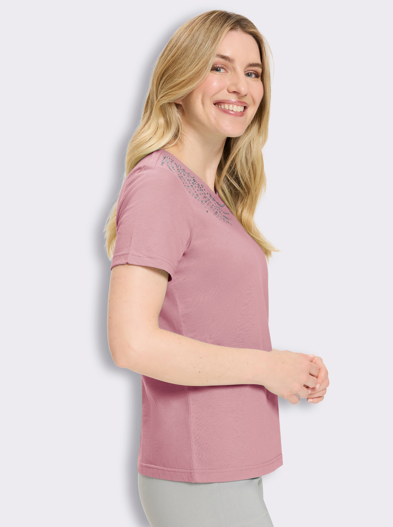 Kurzarmshirt mit Glitzersteinchen - hortensie