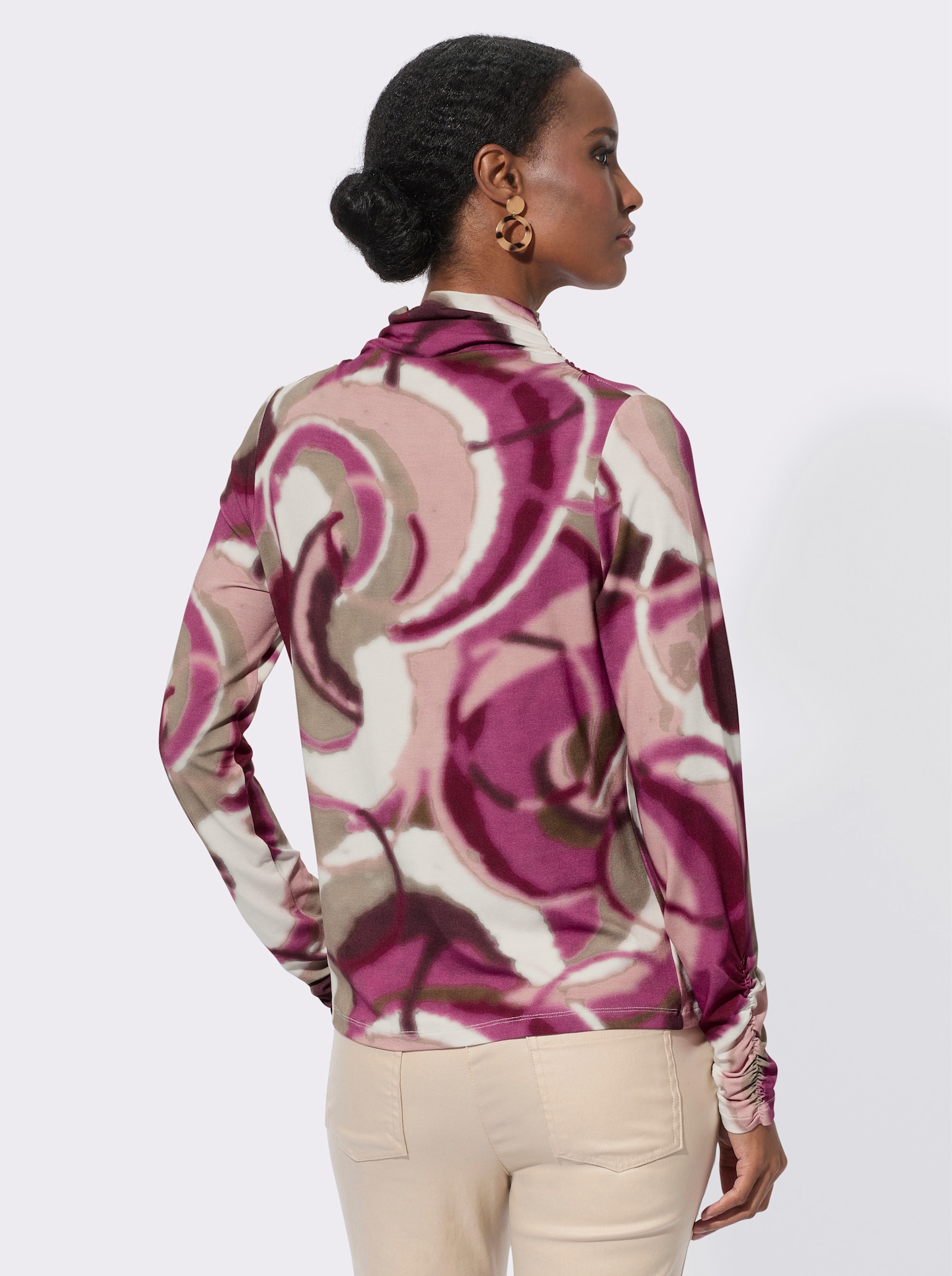 Langarmshirt mit Raffungen - ecru-erika-bedruckt