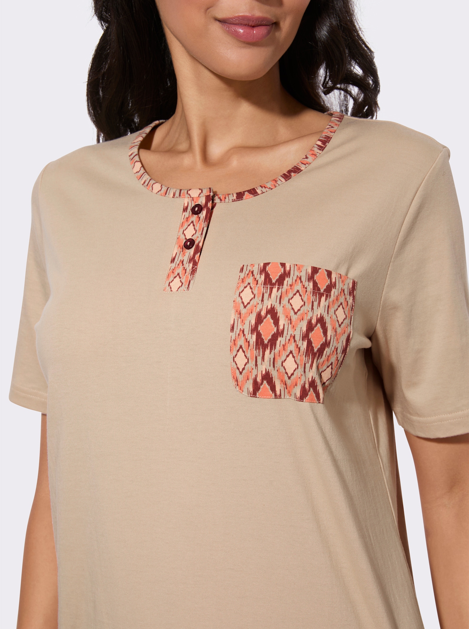 Capri-Schlafanzug mit Brusttasche - beige-papaya-bedruckt