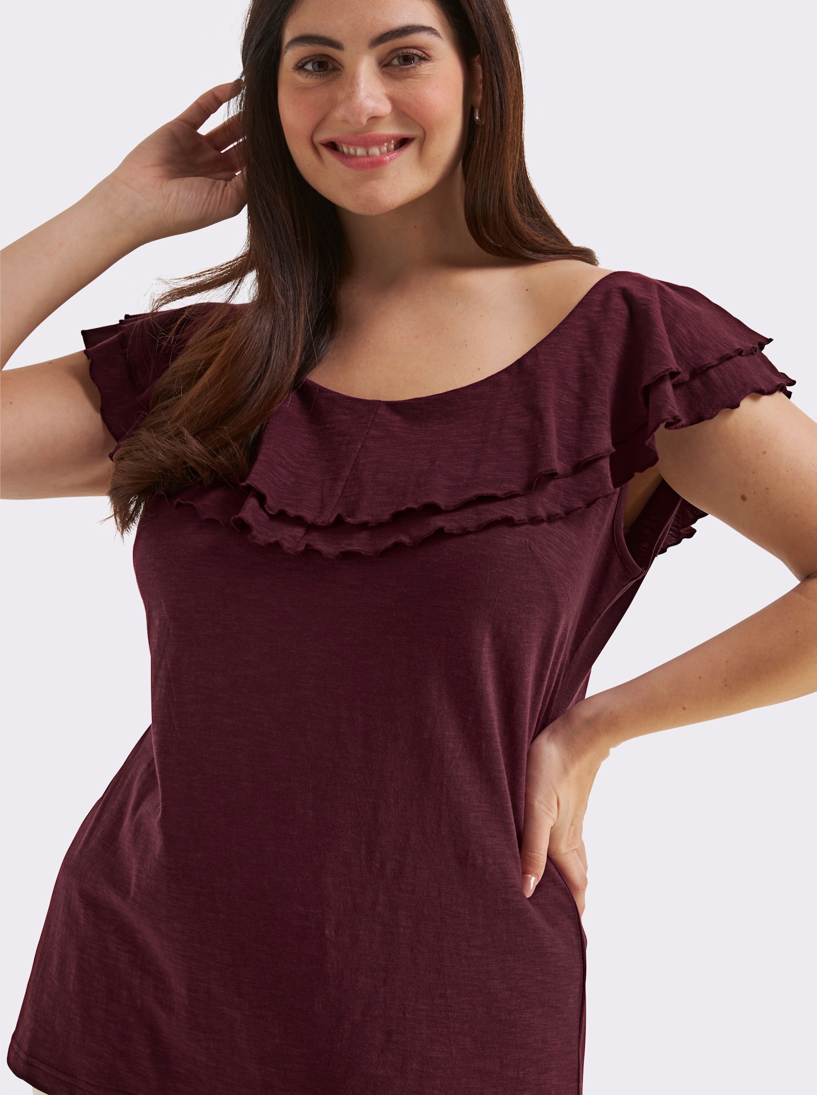 sheego Carmenshirt mit breitem Volant - burgund