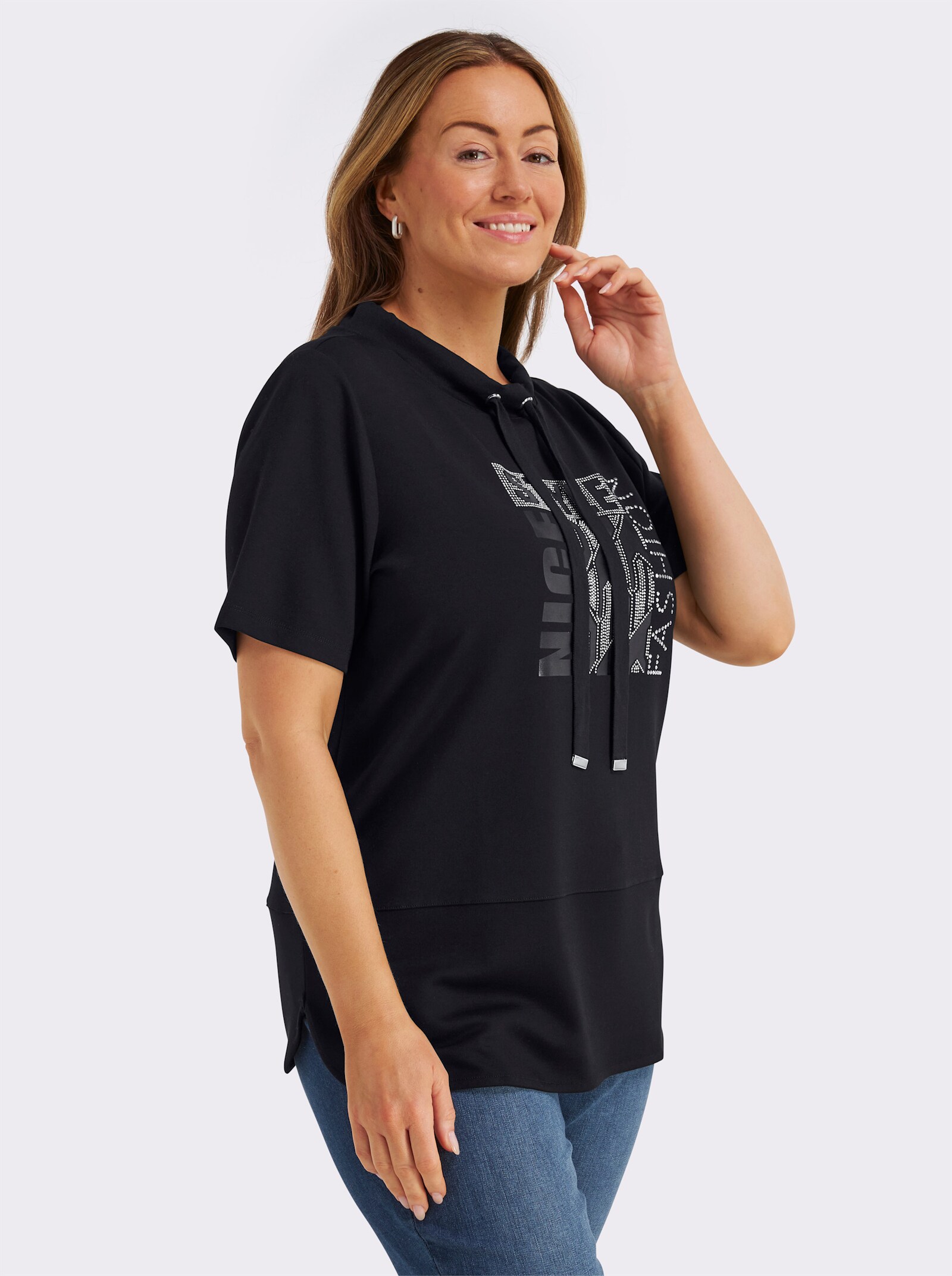 Kurzarmshirt mit Stehkragen - schwarz