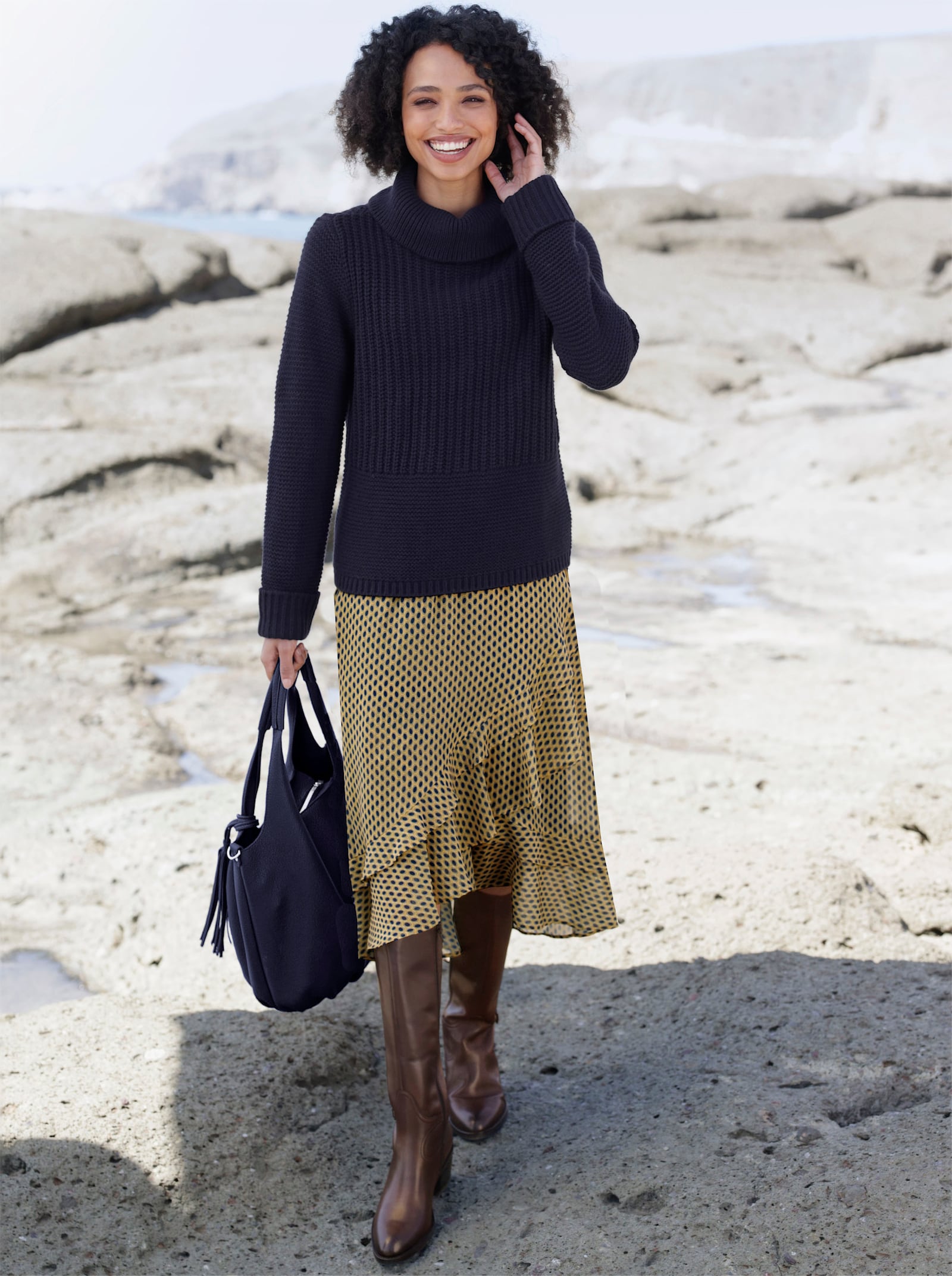 heine Jupe à volants au motif minimaliste - bleu foncé-ocre imprimé