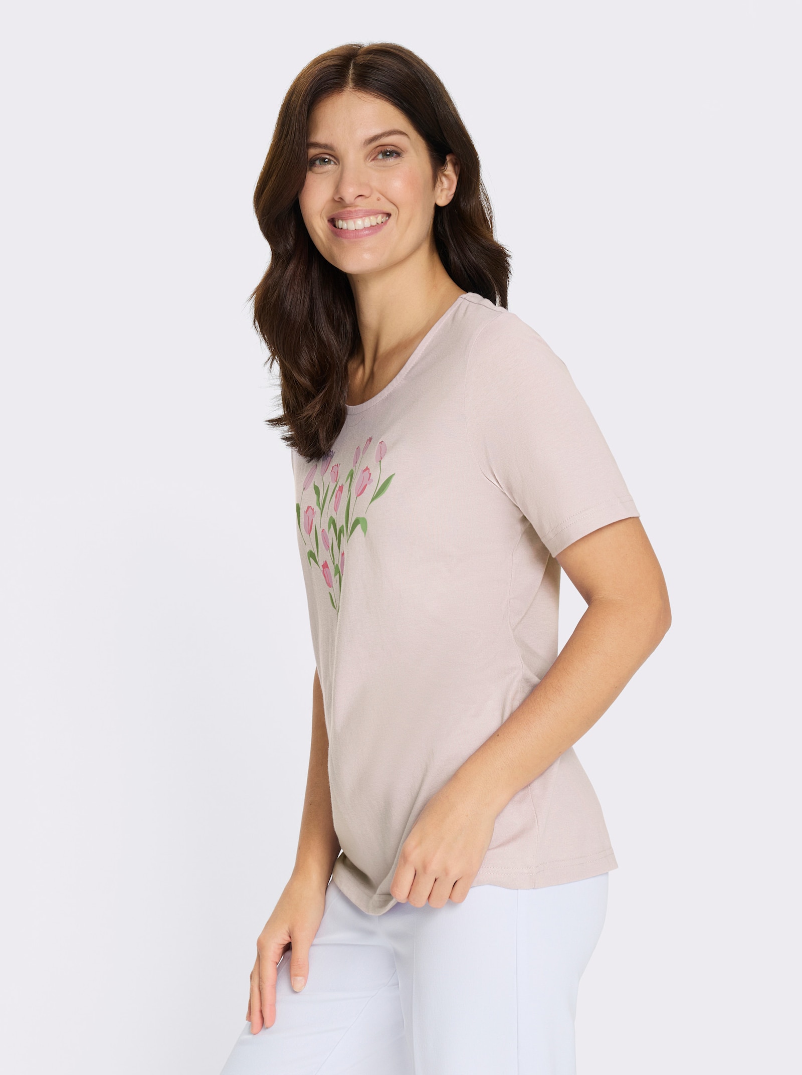 Kurzarmshirt mit platziertem Tulpen-Druck - hellrosé-fuchsia